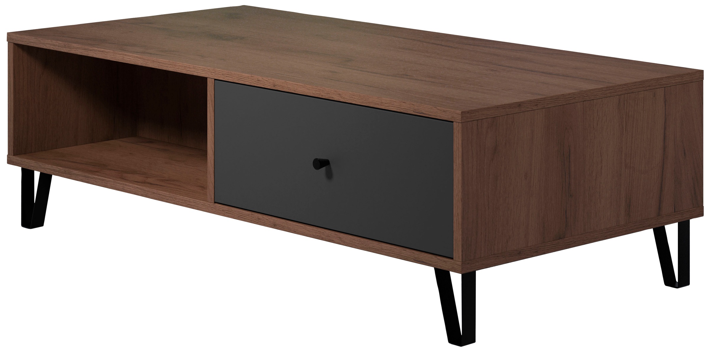 Places of Style Couchtisch »Molveno«, (1 St.), Sofatisch mit 2 Fächern, Schubladen und extravaganten Metall-Füßen
