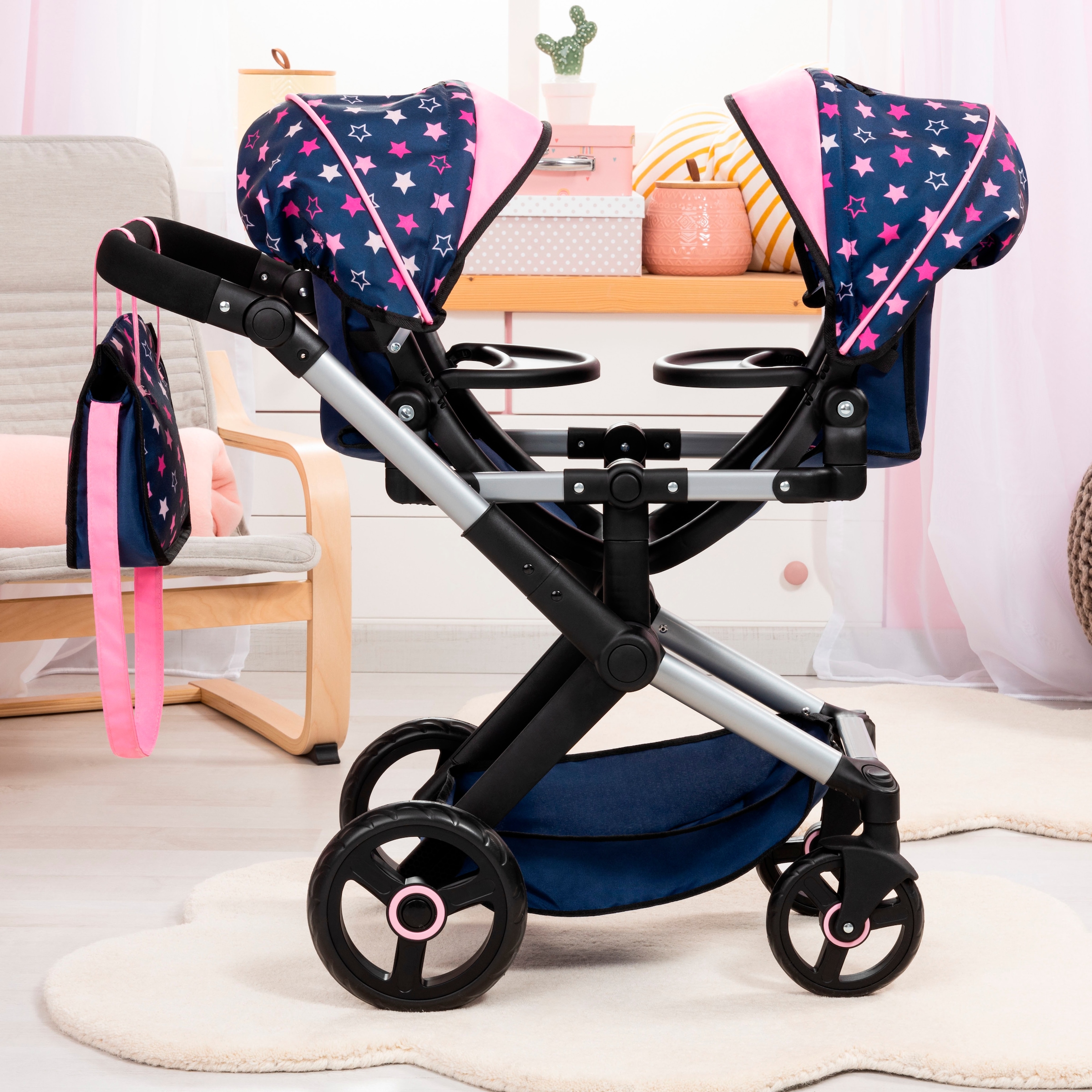 Bayer Puppen-Zwillingsbuggy »Xeo Twin blau/pink«, mit Wickeltasche