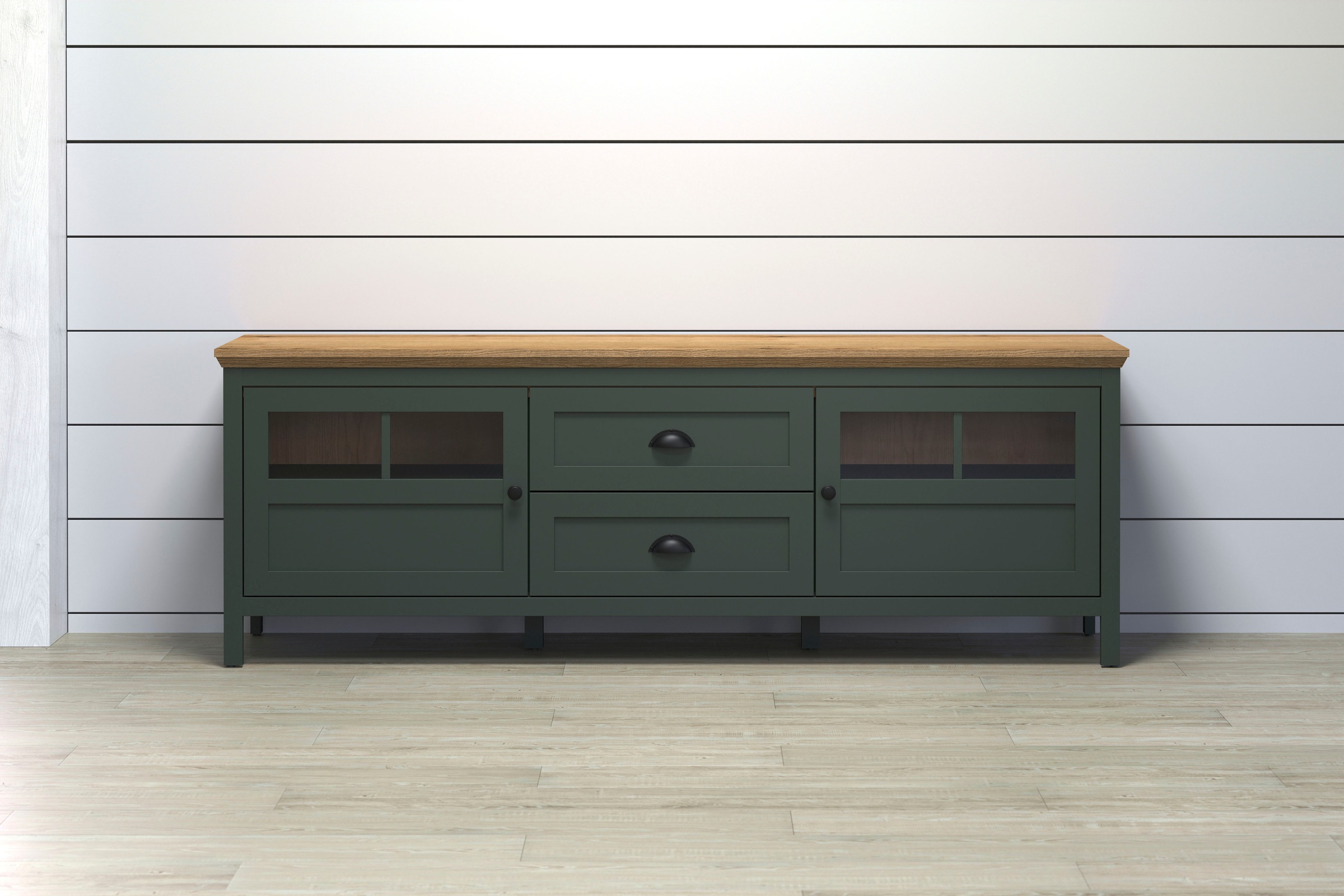 HOME AFFAIRE TV-Board »Vienna« 1 Stk. tlg. Lowboard mit Beleuchtung und Vollauszug-Schublade - B/T/H 184/45/64 cm Tannengrün / Eiche