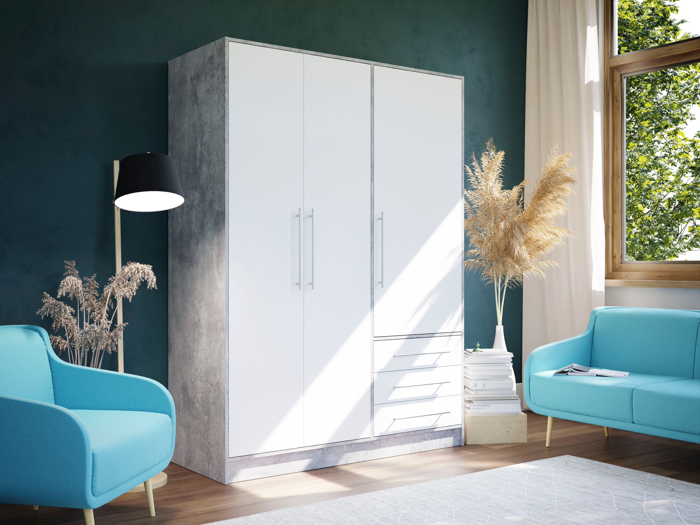 FORTE Kleiderschrank »Jupiter, Made in Europe, mit Schubladen«, (Maße (T/H): 60/200 cm), Stauraum, 2 Breiten, 4 Farben, Schubladen, variable Einlegeböden