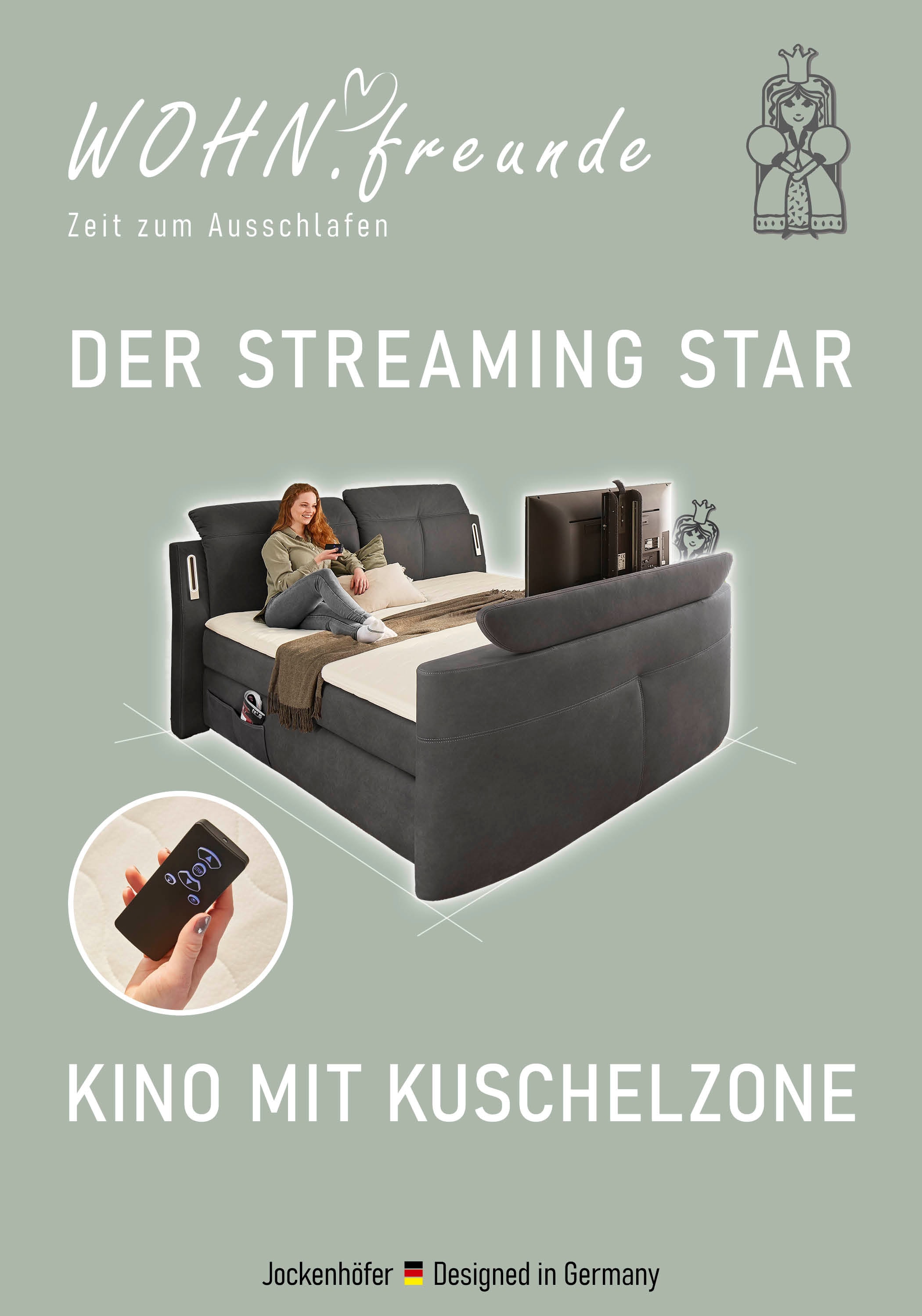 Jockenhöfer Gruppe Boxspringbett »Movie Star«, mit versenkbarem TV-Lift, Fernbedienung, LED-Licht, USB-Ladestation und verstellbaren Kopfstützen