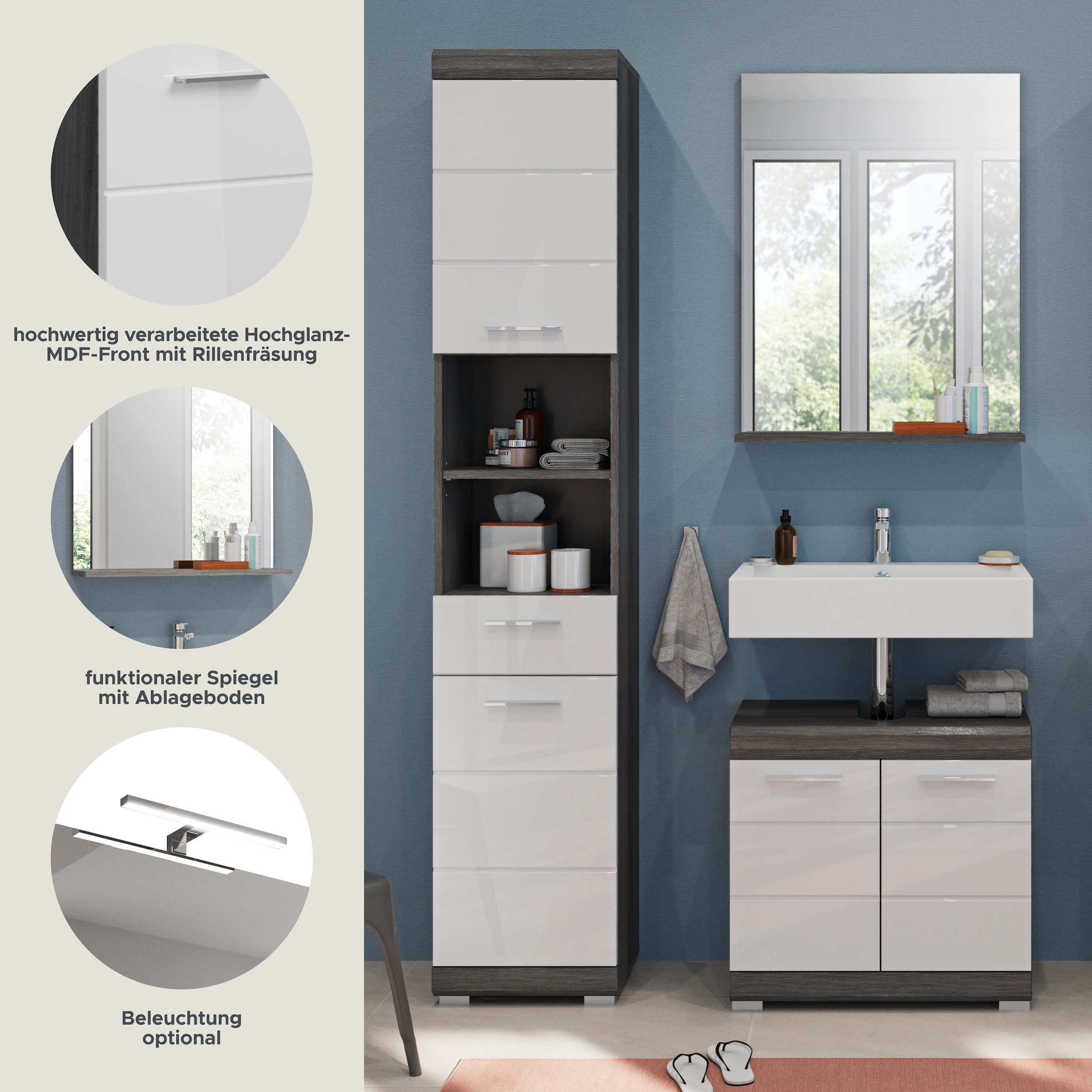 INOSIGN Badmöbel-Set »Siena, 3 teilig, bestehend aus:«, (Set, 3 St.), Hochschrank, Waschbeckenunterschrank, Spiegel