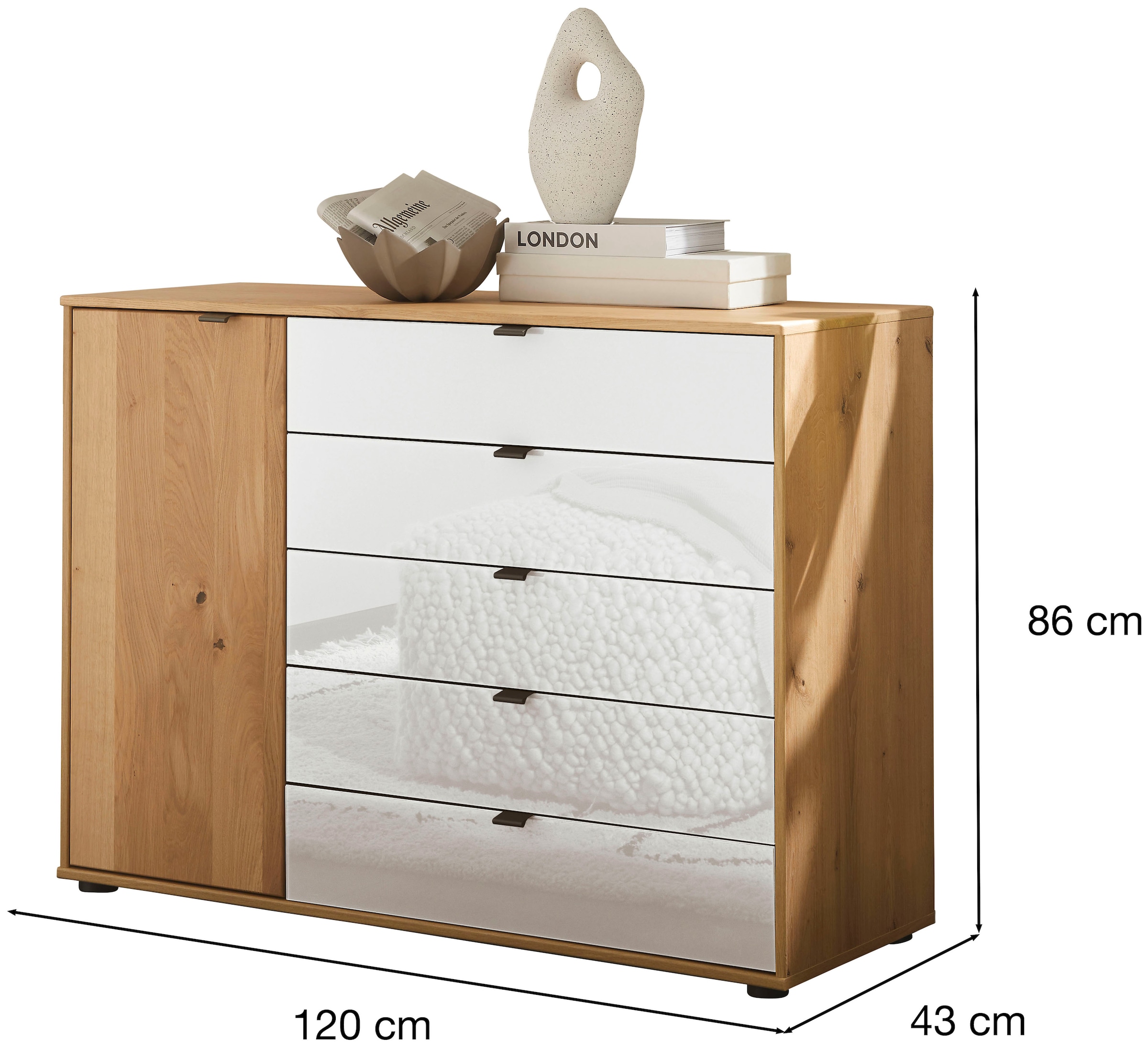 WIEMANN Kombikommode »Cardiff Sideboard, Wäscheschrank, teilmassiv Bianco-Eiche, Schubladen« Kommode 120x86x43 cm, braun, mit Dämpfung, MADE IN GERMANY,  verschiedenen Ausführungen, inklusive Einlegeboden
