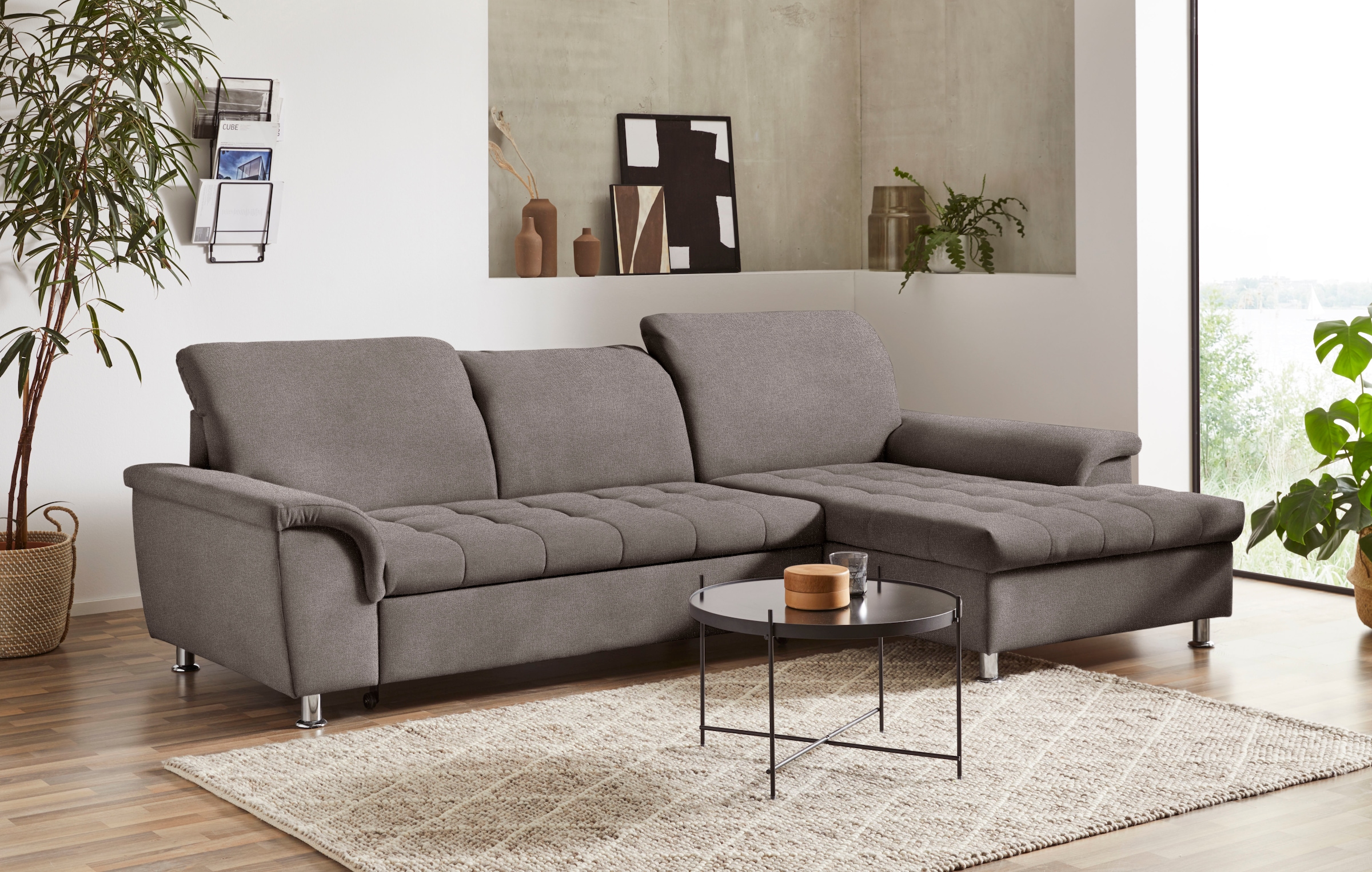 DOMO collection Ecksofa »Franzi, zeitlos und elegant, moderne Sitzheftung, L-Form«, wahlweise mit Kopfteilverstellung (dann Tiefe: 170 cm)