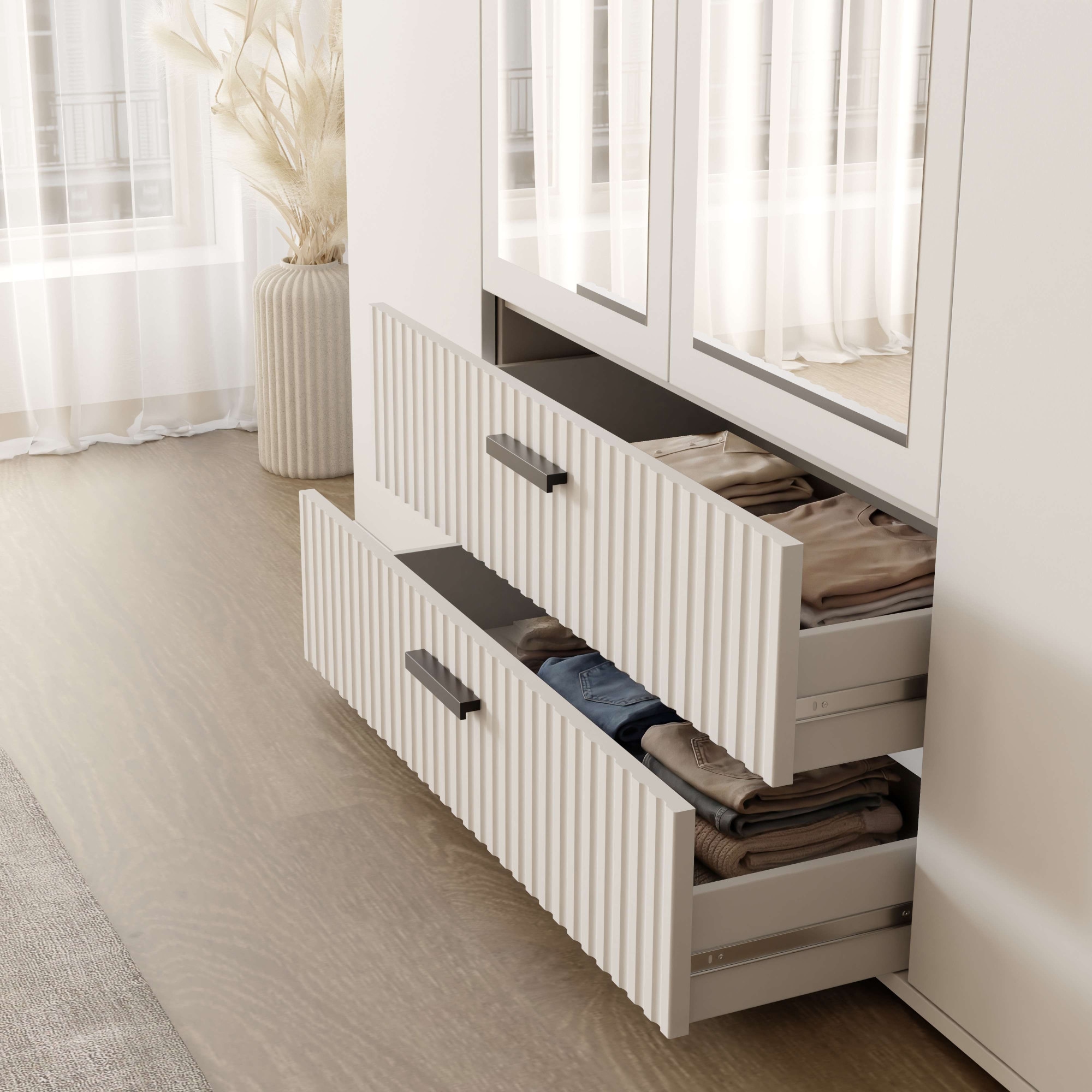 OTTO home Kleiderschrank »KOLLINE, modern mit viel Stauraum & geriffelter Struktur« H/B/T ca. 190/180/52cm,  Garderobe 4 Fächer, Kleiderstange, 2 Schubladen, 2 Spiegel