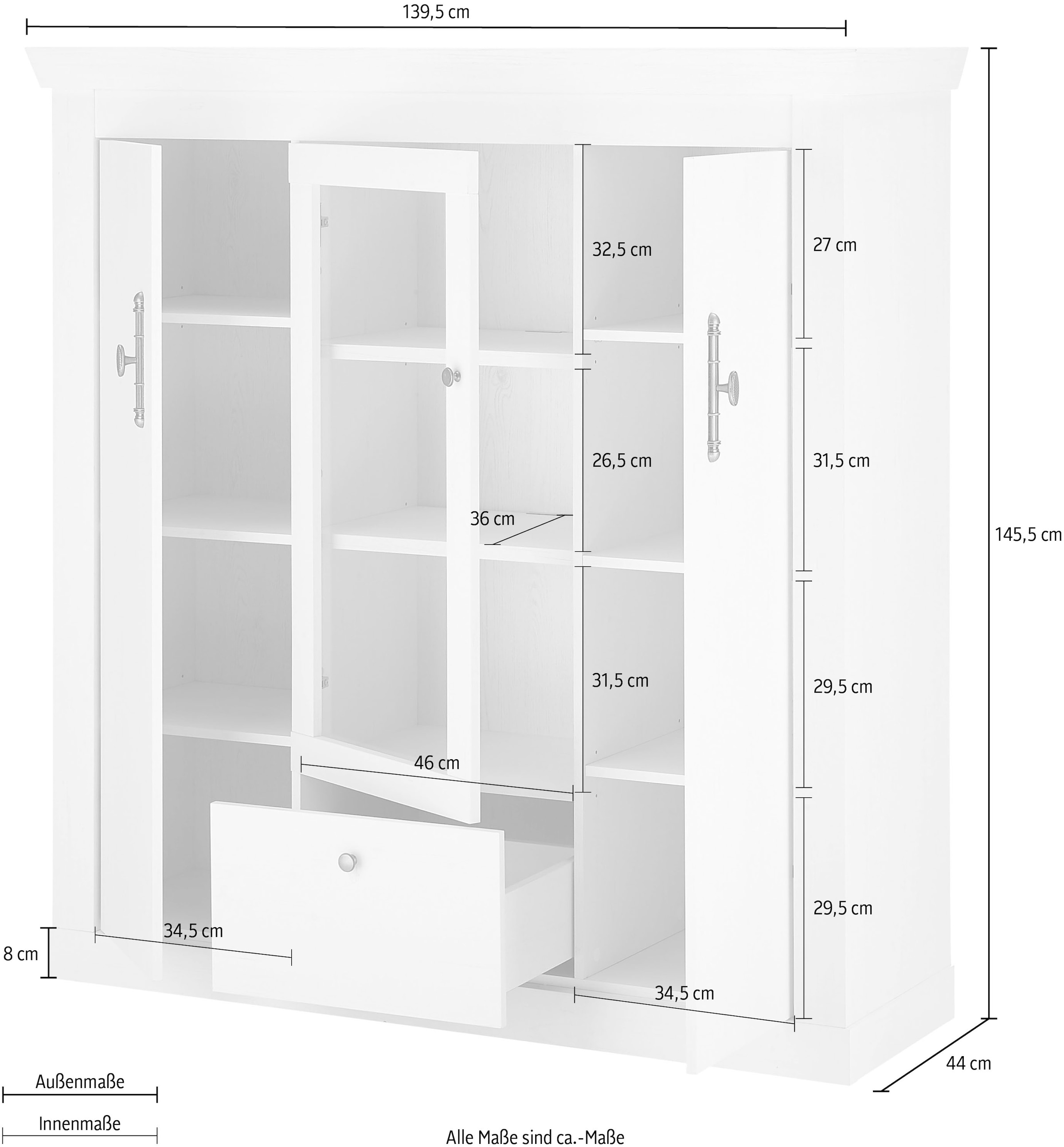 Home affaire Highboard »RAVENNA«, im romantischen Landhausstil, Griffe aus Metall, Höhe 146 cm