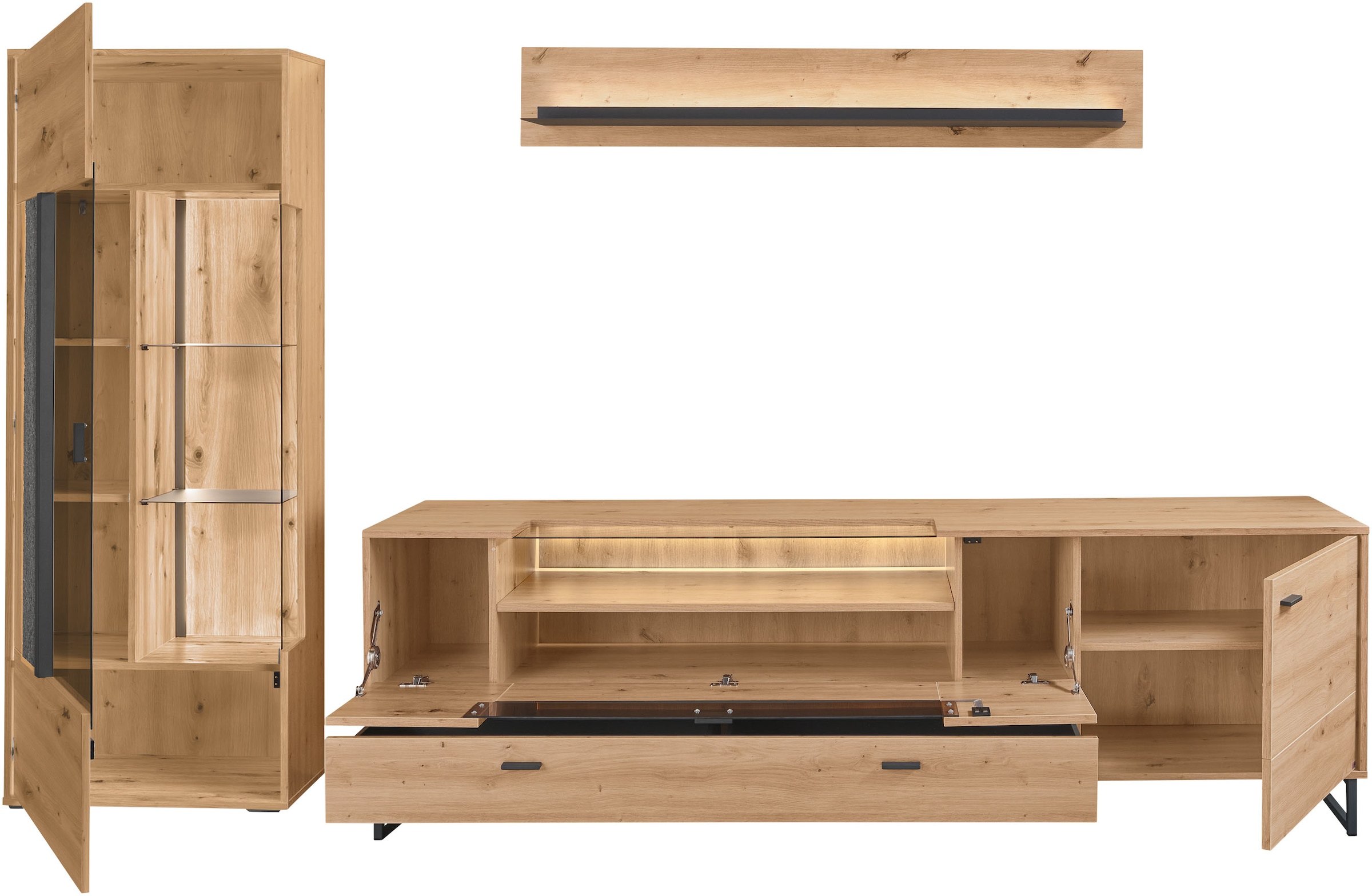set one by Musterring TV-Wand »Deltona«, (3 St.), Zierelemente aus Sandstein, inkl. Beleuchtung, Gesamtbreite ca. 287 cm
