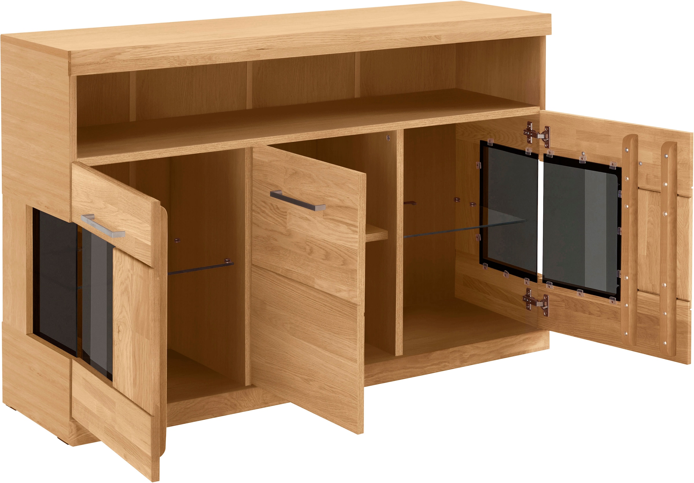 Home affaire Sideboard »Ribe,130cm breit,Fronten Massivholz,2Türen mit gehärtetem Glaseinsatz«, Korpus aus Holzwerkstoff, Metall Griffe,7 Fächer, Böden versetzbar