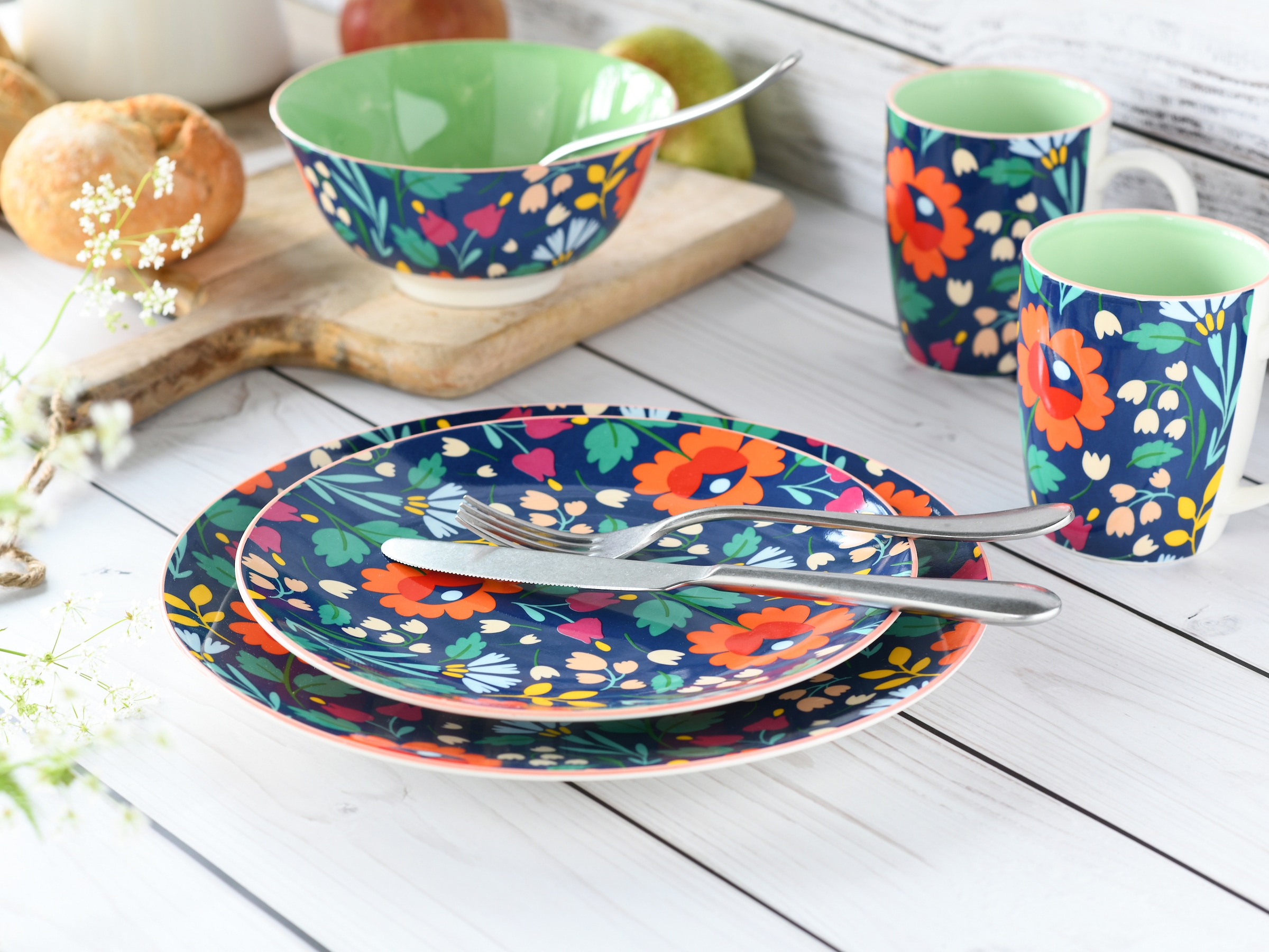 CreaTable Teller-Set »Folklore Blau, Tellerset 12-tlg«, (Set, 12 tlg.), Blumenmotive