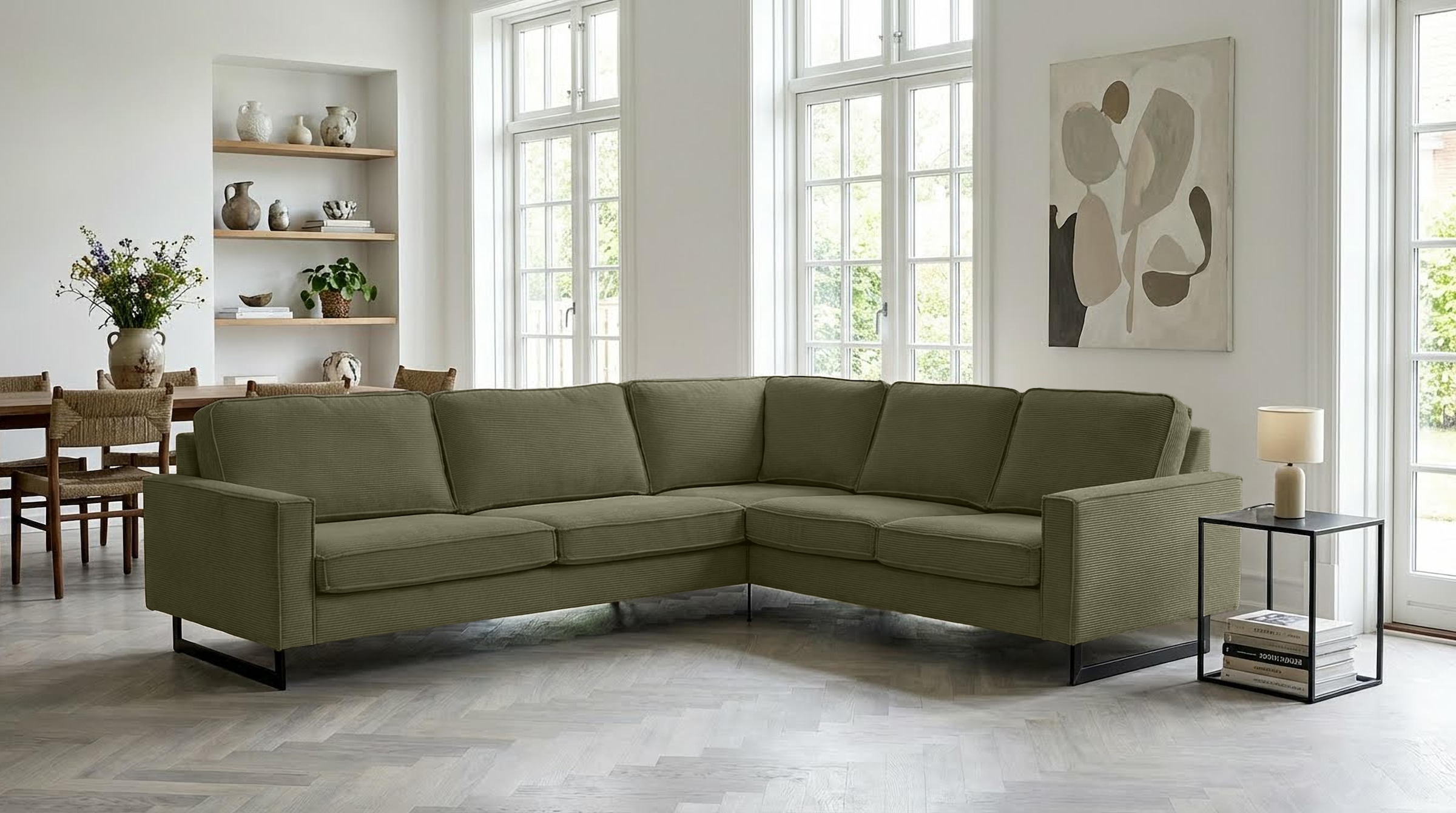Home affaire Ecksofa »Pinto, XXL, 250/290 cm, langer Schenkel, Ottomane« Cord, Chenille, Lederoptik, mit Keder, Metallfüße, Wellenunterfederung