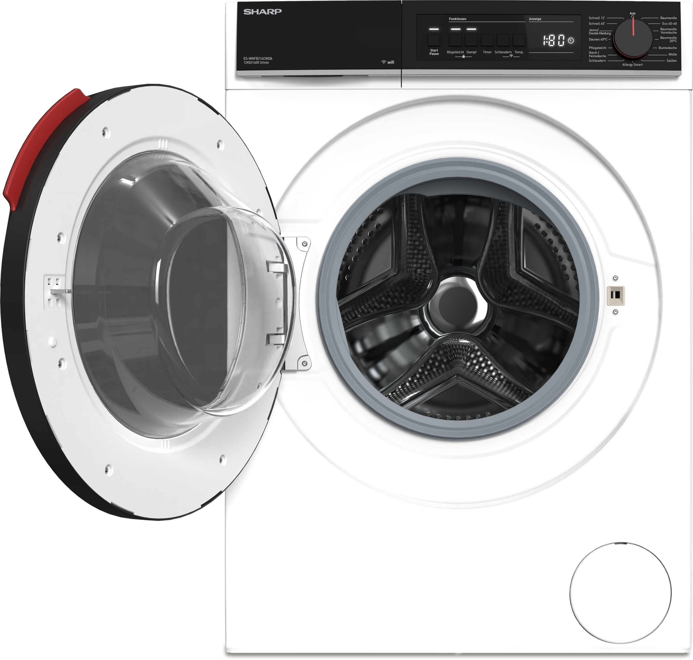 Sharp Waschmaschine Mid Class »ES-WNFB214CWDA-DE«, 12 kg, 1400 U/min, 12kg / +WIFI / A-20% / black Doorring+knob/Steam/White