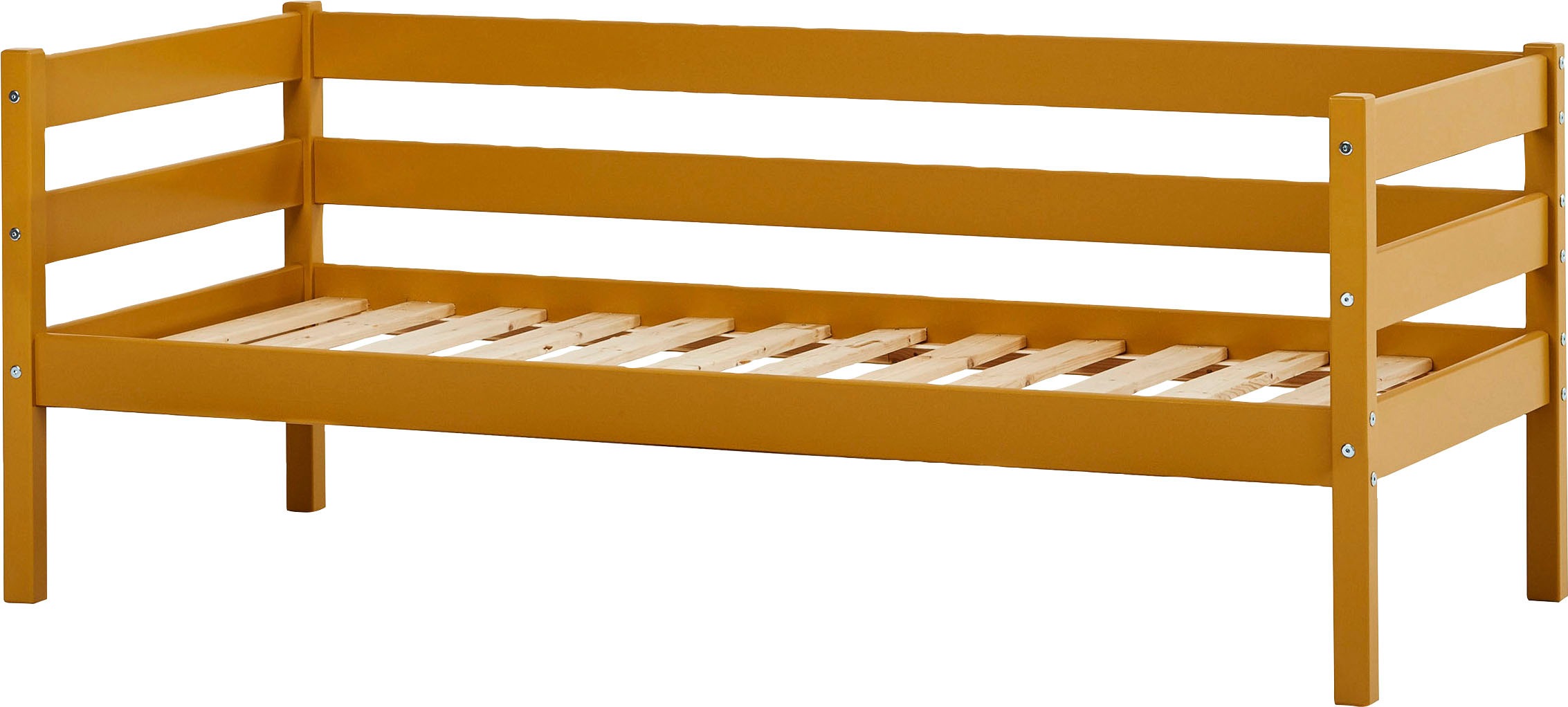 Einzelbett „ECO Comfort“, (Set), mit Rollrost in 8 Farben, wahlweise mit Matratze und Absturzsicherung, gelb Ohne Absturzsicherung