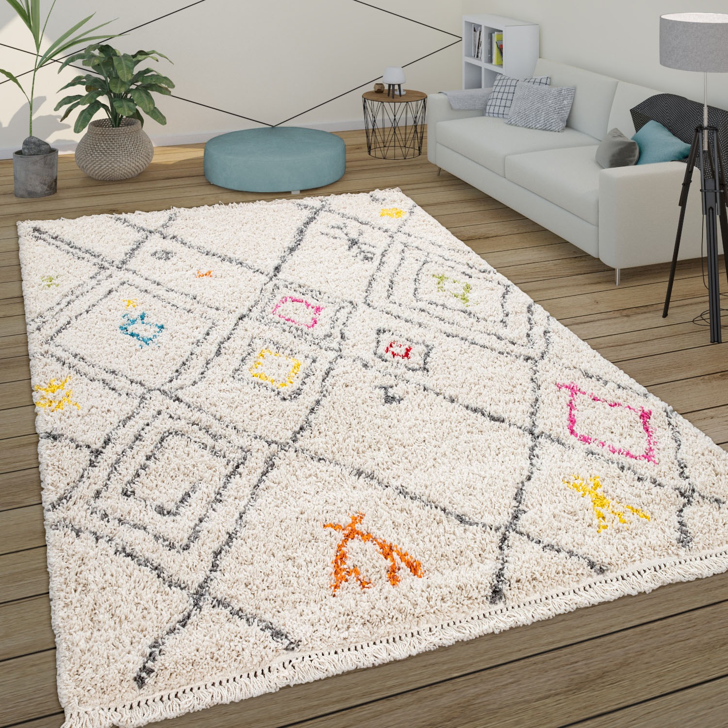 Paco Home Hochflor-Teppich »Wooly 284«, rechteckig, 39 mm Höhe, Berber Design, Rauten Motiv, weich & kuschelig, mit Fransen