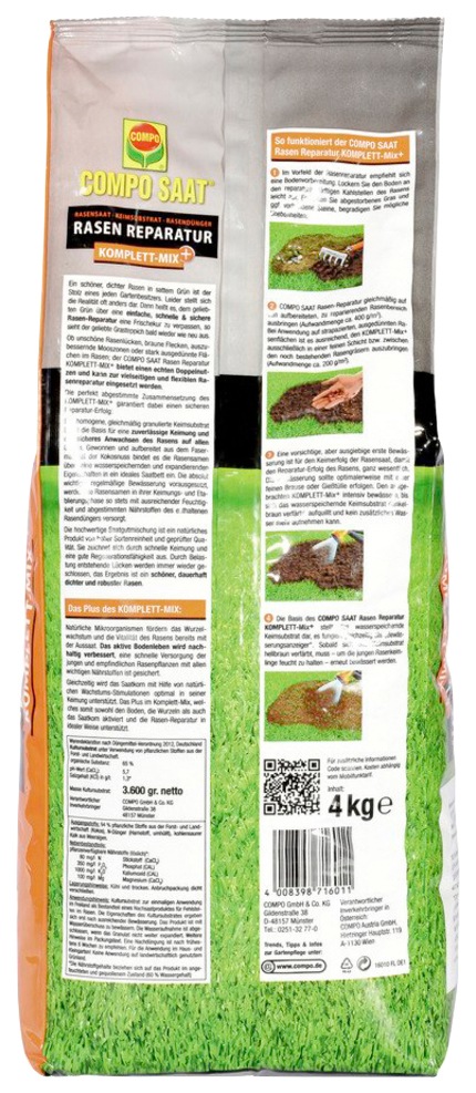 Compo Rasensamen »COMPO SAAT® Komplett Mix+«, Rasen-Reparatur, 4 kg, für bis zu 20 m²