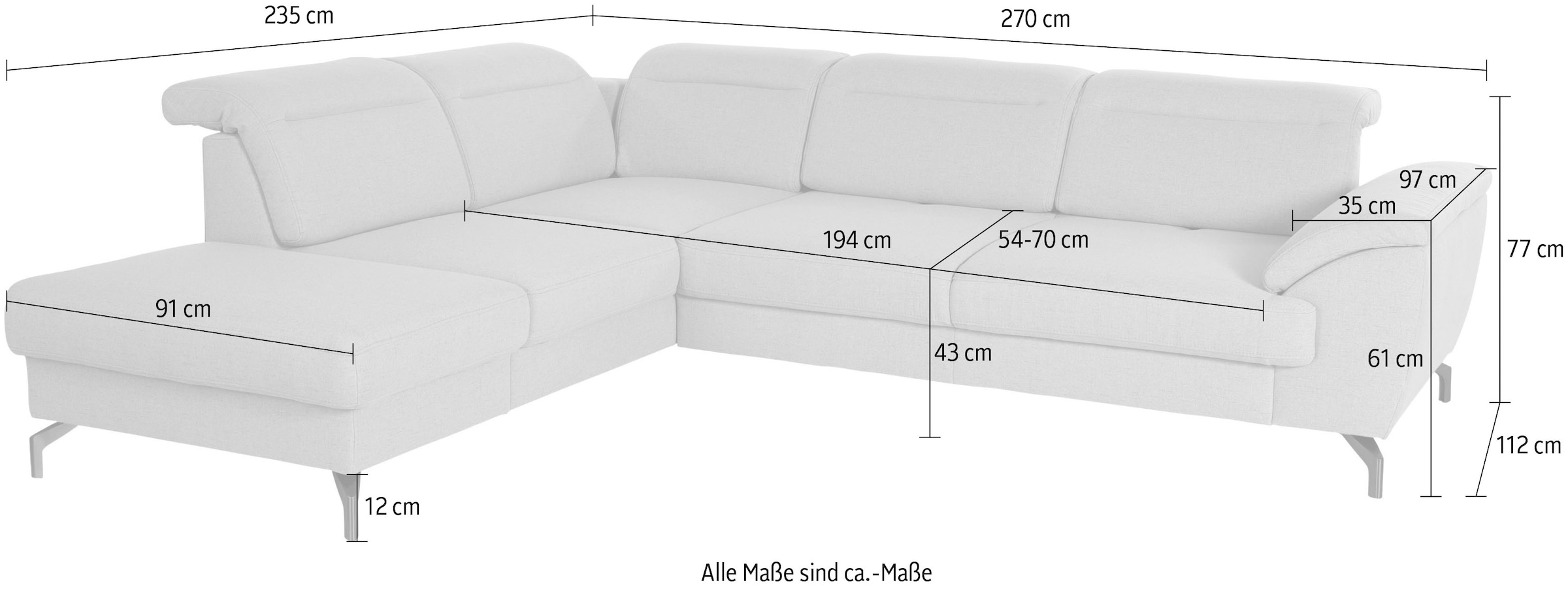 sit&more Ecksofa »Percy L-Form« 12 cm Fußhöhe, Sitztiefenverstellung, wahlweise in 2 Fußfarben
