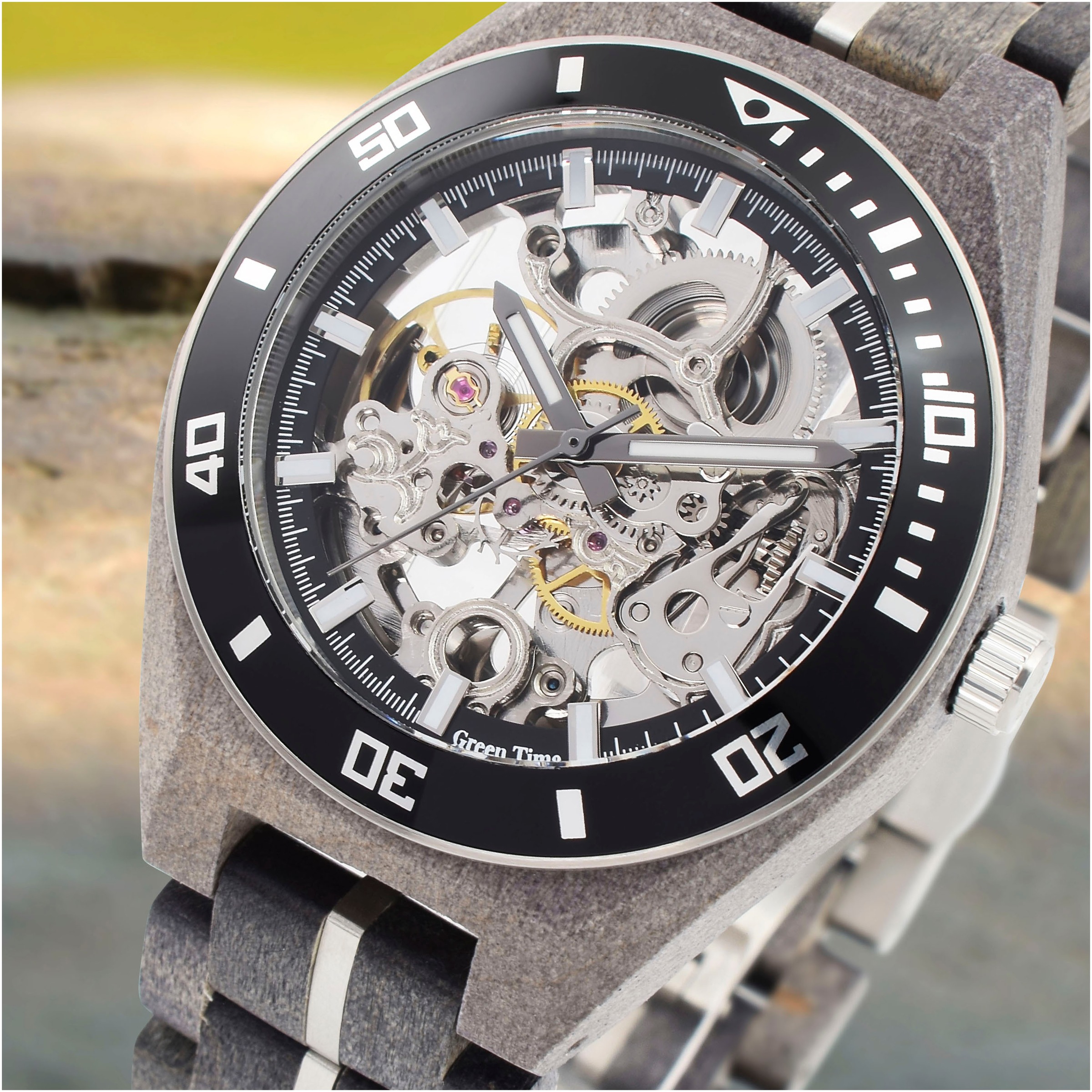 GreenTime Automatikuhr, Armbanduhr, Herrenuhr, Holzuhr, Leuchtzeiger