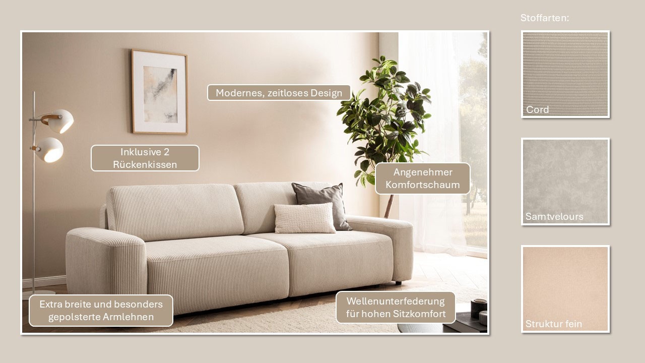 INOSIGN 3-Sitzer »TORGE (257cm), Sofa,Schlafsofa in Cord, Samtvelours, Struktur fein«, rundes Design, Schlaffunktion u. Bettkasten, Liegefläche: 135/200 cm