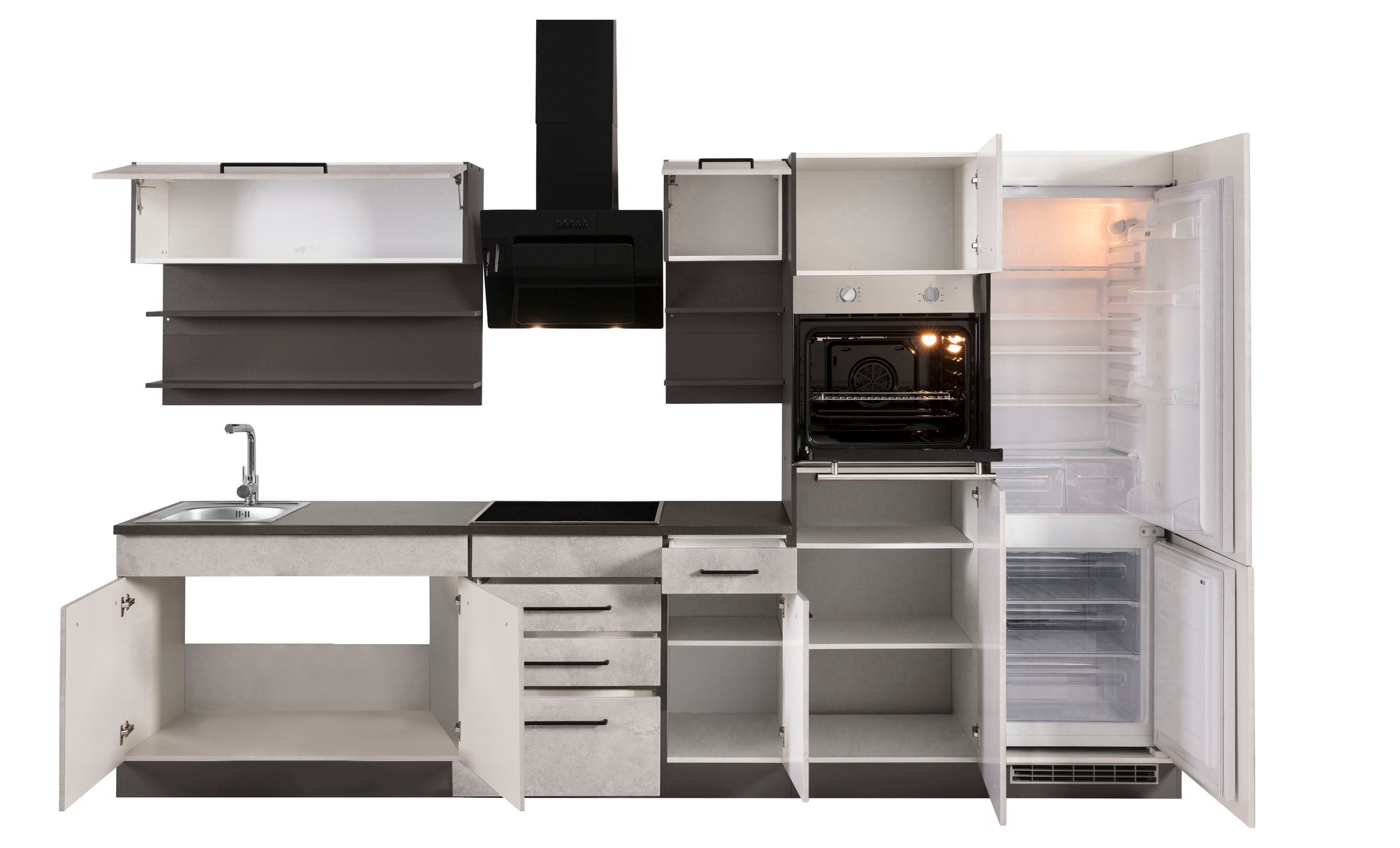 KOCHSTATION Küchenzeile »KS-Tulsa«, ohne E-Geräte, Breite 330 cm, schwarze Metallgriffe, MDF Fronten