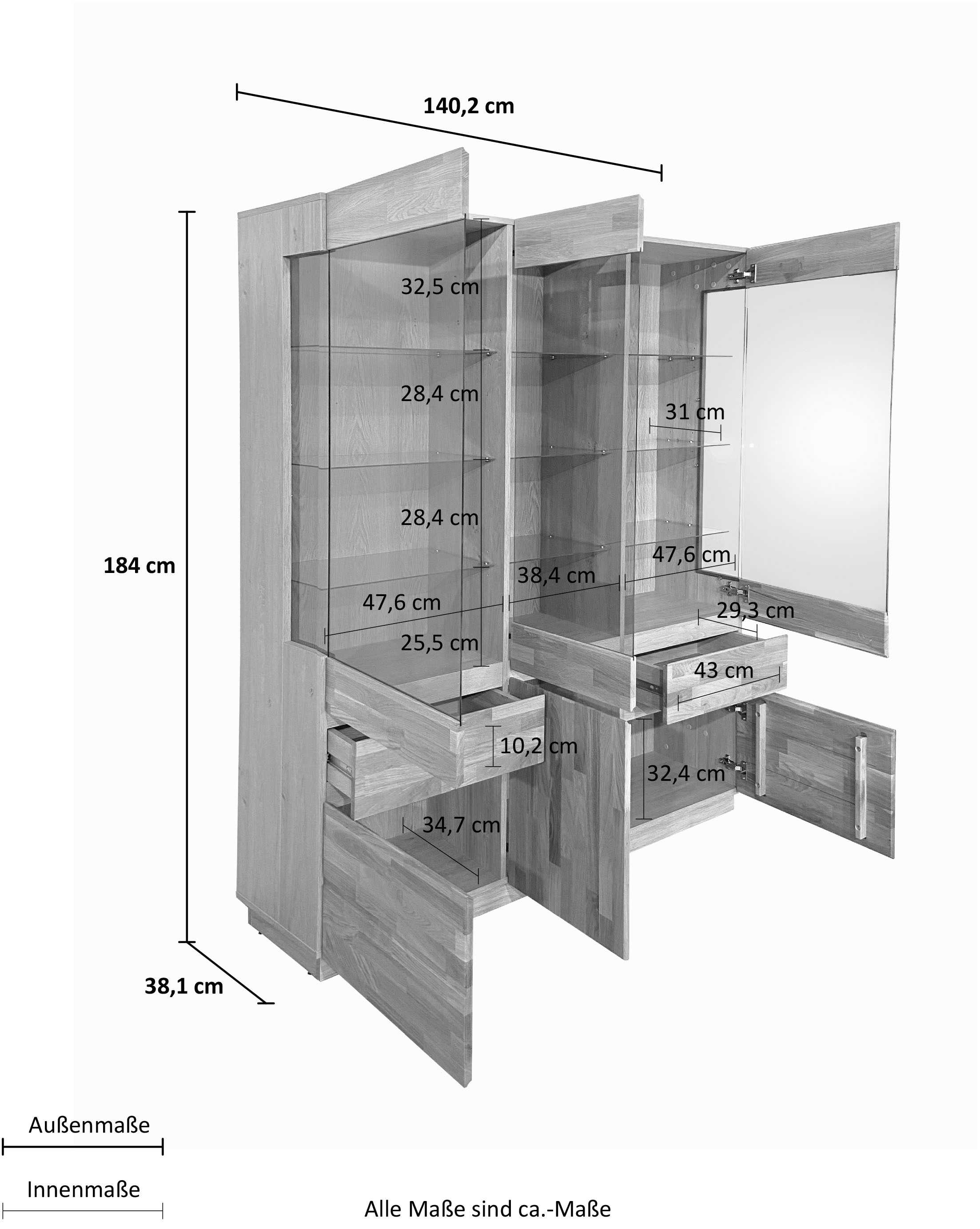 Home affaire Vitrine »Laima«, Breite 140 cm, teilmassiv, mit Glastüren