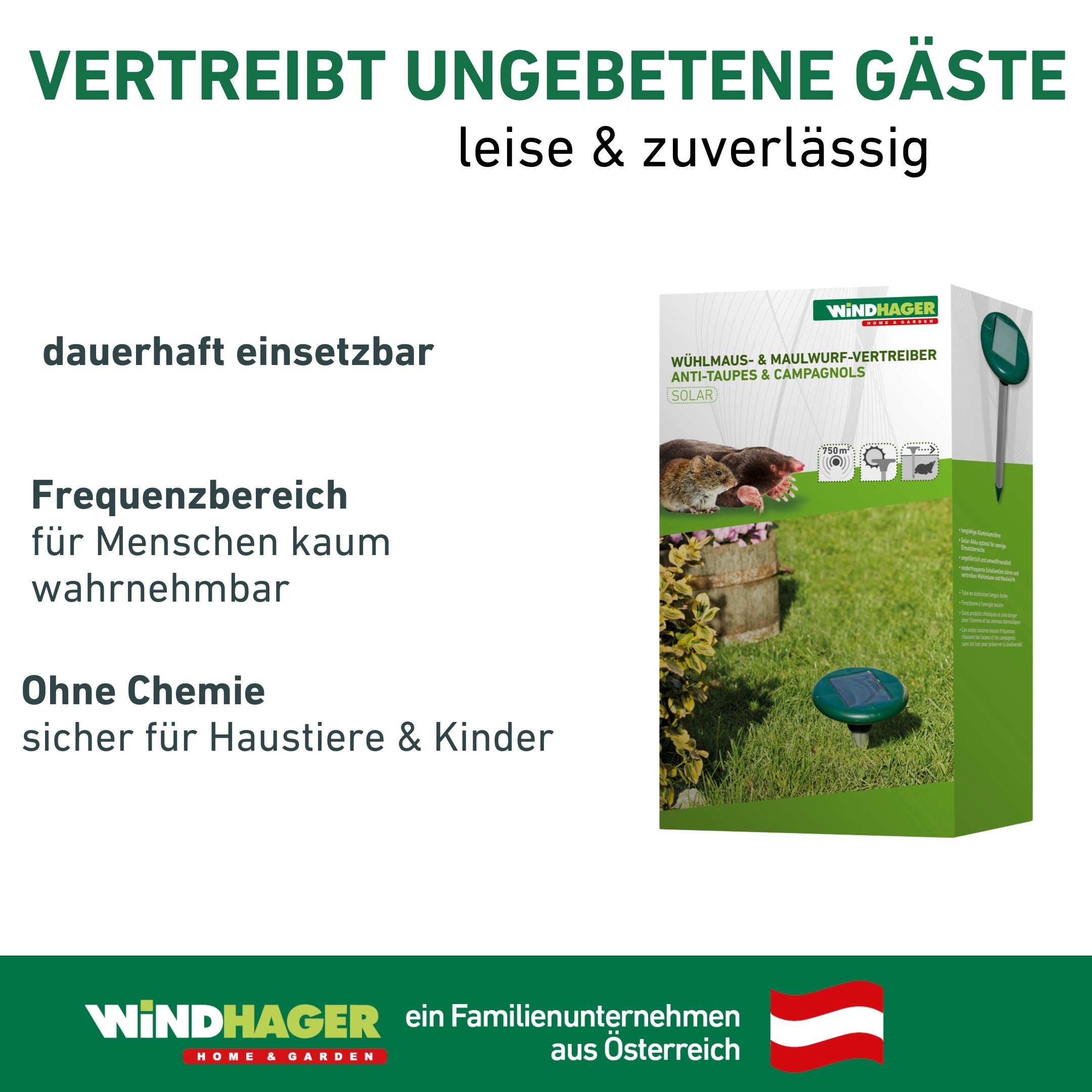 Windhager Ultraschall-Tierabwehr »Maulfwurfschreck und Wühlmausvertreiber Solar« Wirkungsbereich 800 m² mit niederfrequenten Schallwellen, grün