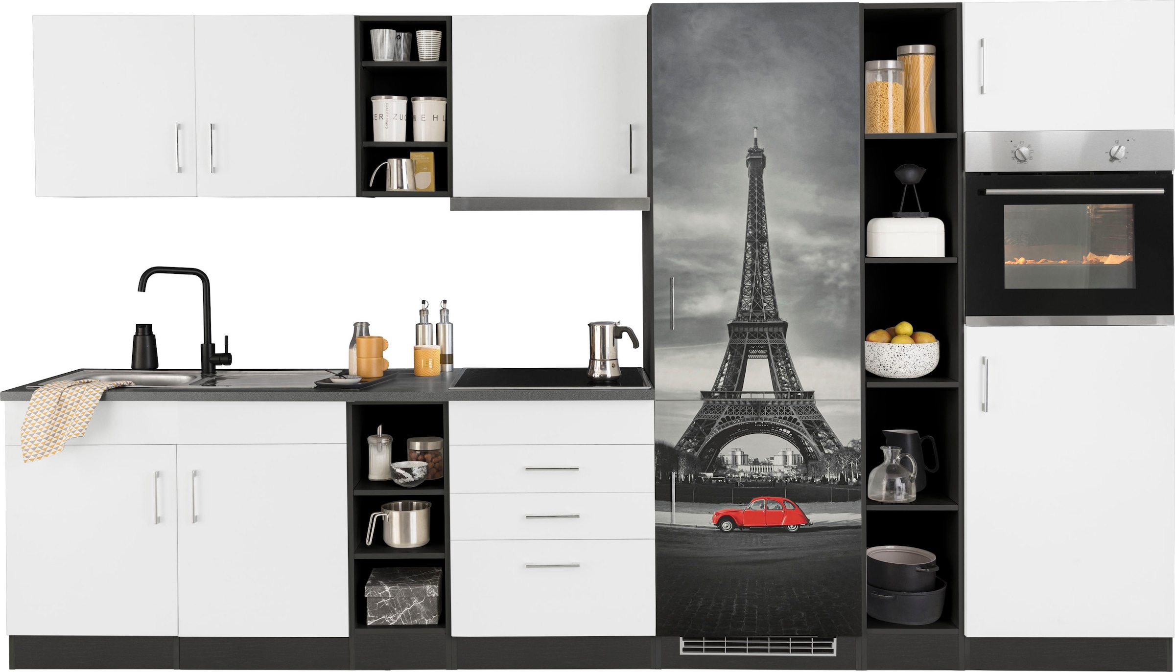 KOCHSTATION Küchenzeile »KS-Paris«, mit E-Geräten, Breite 340 cm, mit großer Kühl-Gefrierkombination