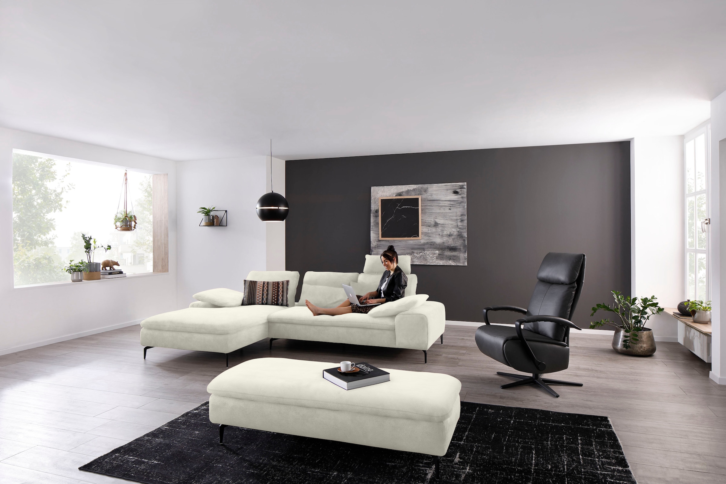 W.SCHILLIG Ecksofa »valentinoo, Designsofa, bequem, elegant und zeitlos, L-Form«, (Set), inklusive Hocker, mit Sitztiefenverstellung, Breite 299 cm