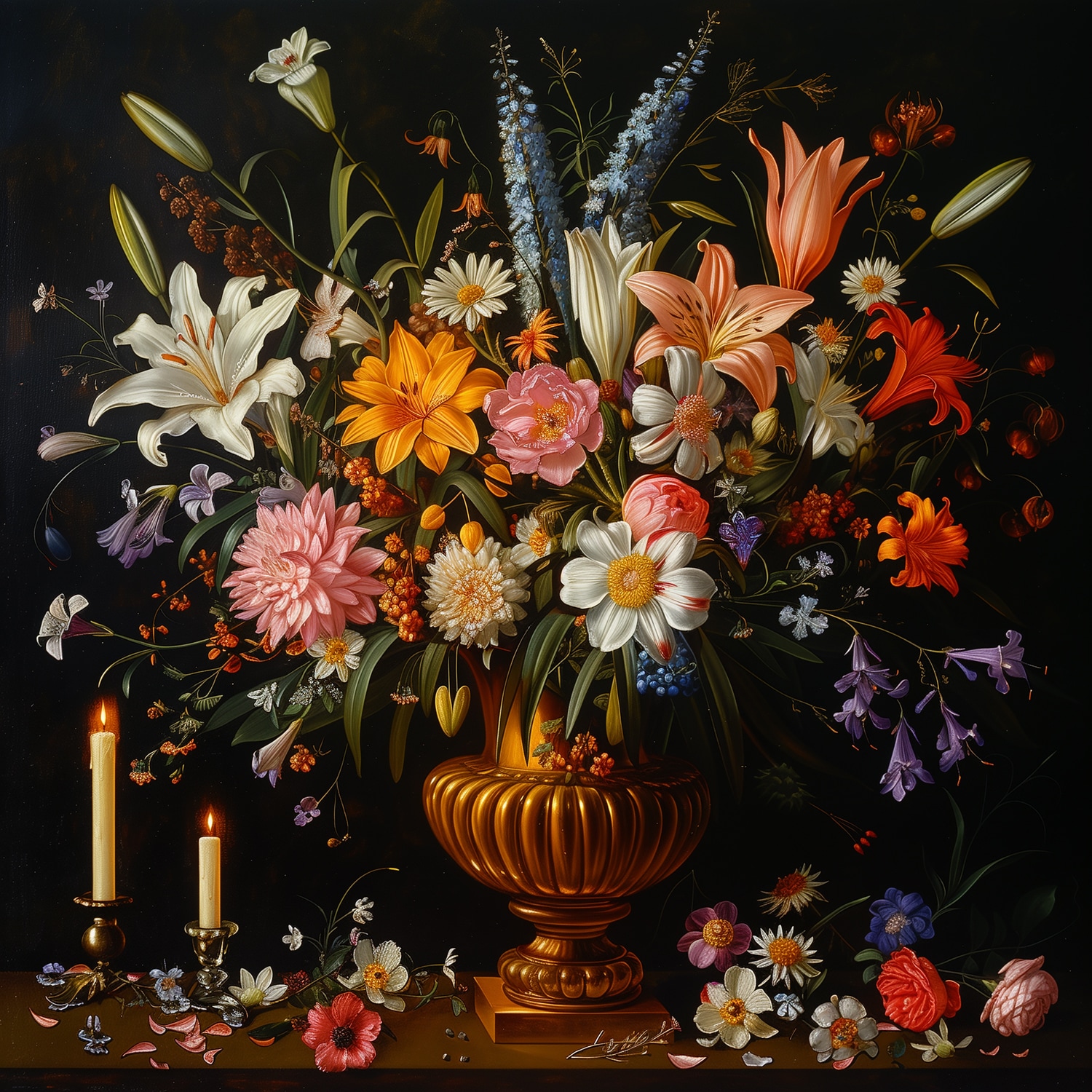 queence Leinwandbild »Blumenstrauß und Kerzen«, Blumen-Blumenbilder-Gemälde-Kunst-Pflanzen-Pflanzenbilder-Romantisch-Stillleben-Vasen-Vasen & Töpfe, (1 St.), Premium-Leinwandstoff, Handarbeit aus Deutschland