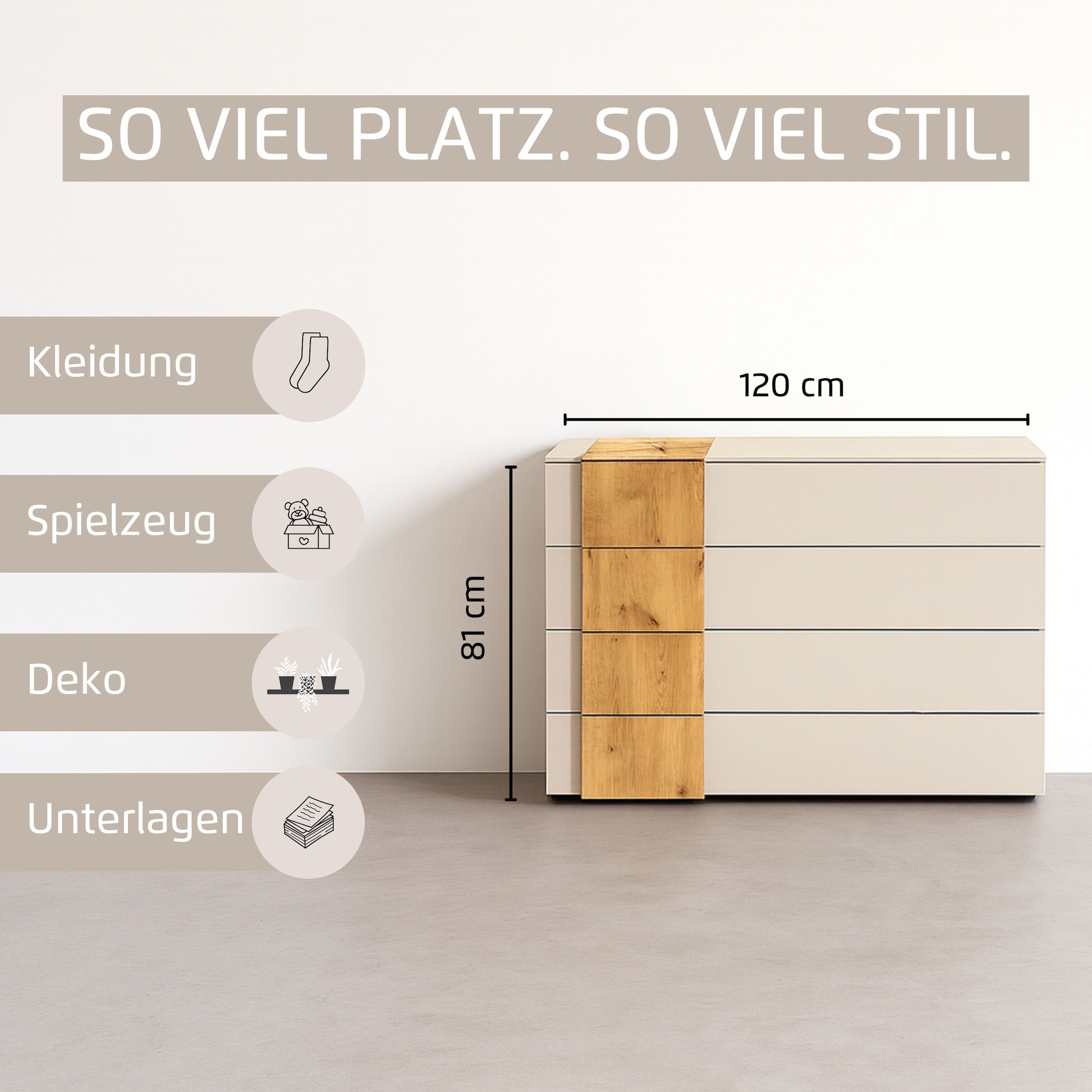 rauch Schubkastenkommode »Sideboard Kommode Schubladenkommode KONA« Breite 120 cm, Höhe 81 cm,  Absetzung Asteiche massiv, inkl. Soft-Close-Funktion MADE IN GERMANY