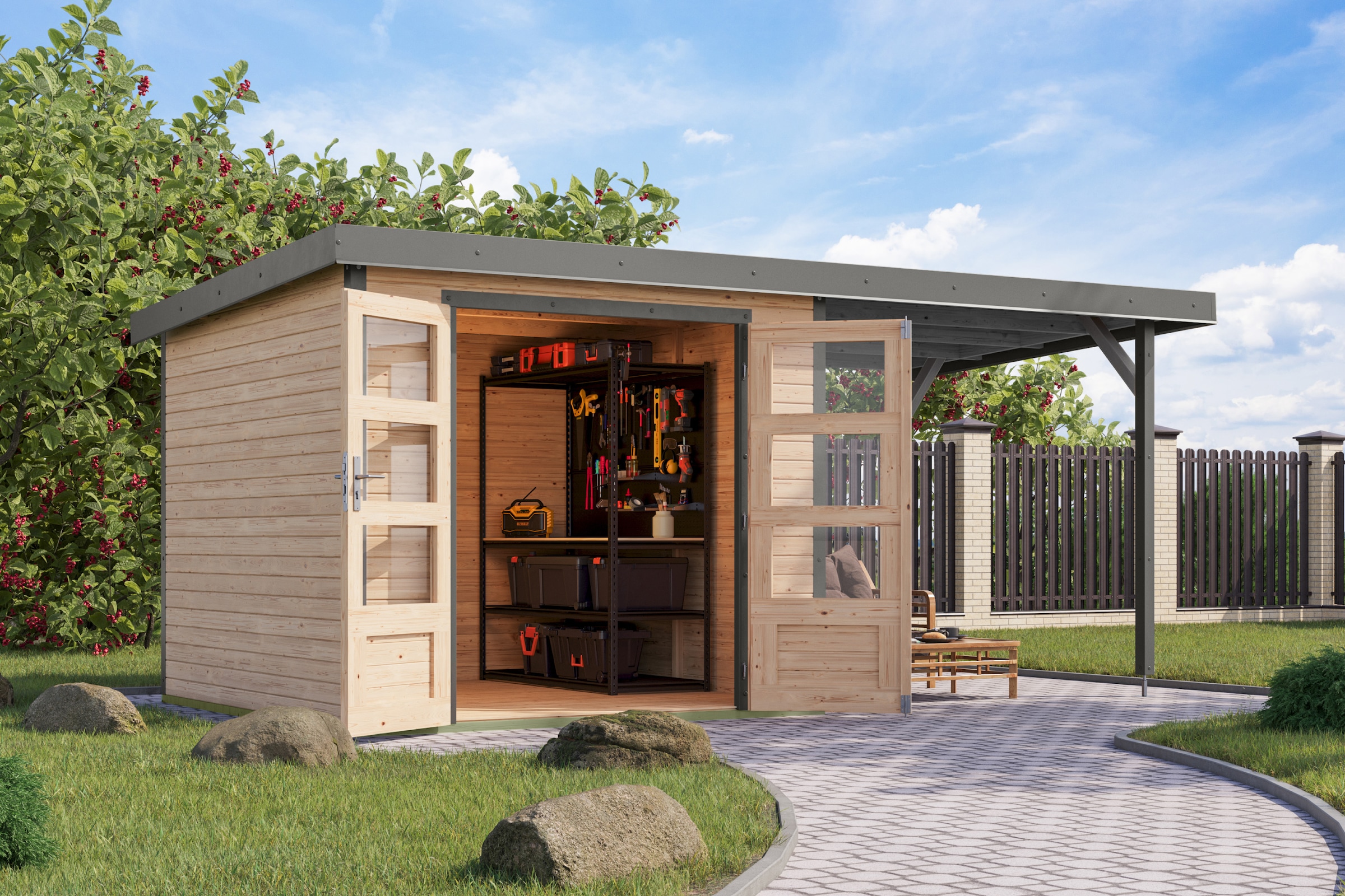 Karibu Gartenhaus »Jupiterino 3,5  SET, in verschiedenen Farben« inkl. Anbaudach