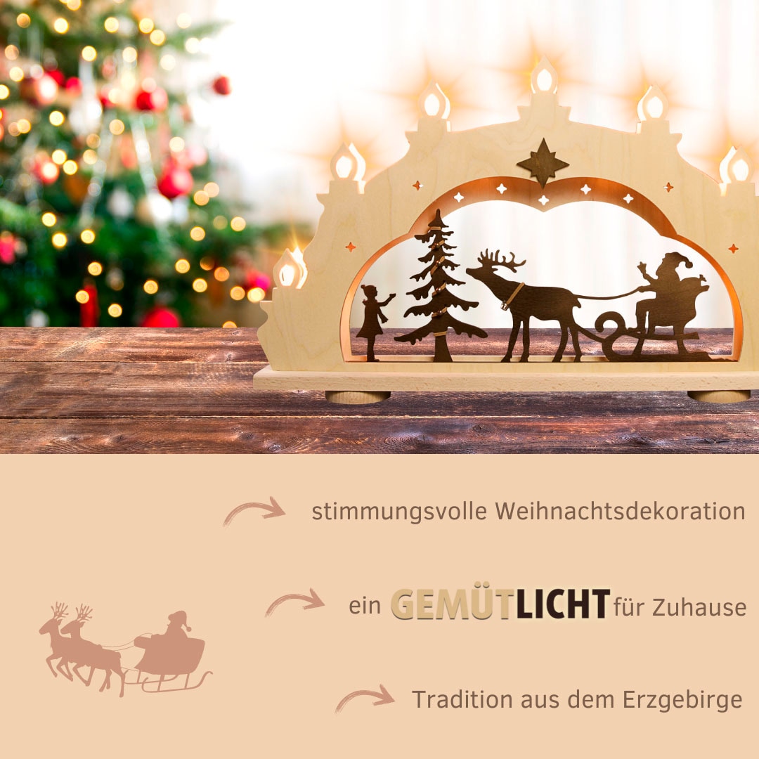 Weigla LED Schwibbogen »Weihnachtsmann auf Schlitten, Lichterbogen Rustikal, Holz, NATUR-BRAUN«, Erzgebirge garantiert, Weihnachtsdeko Innen, Weihnachtsbeleuchtung