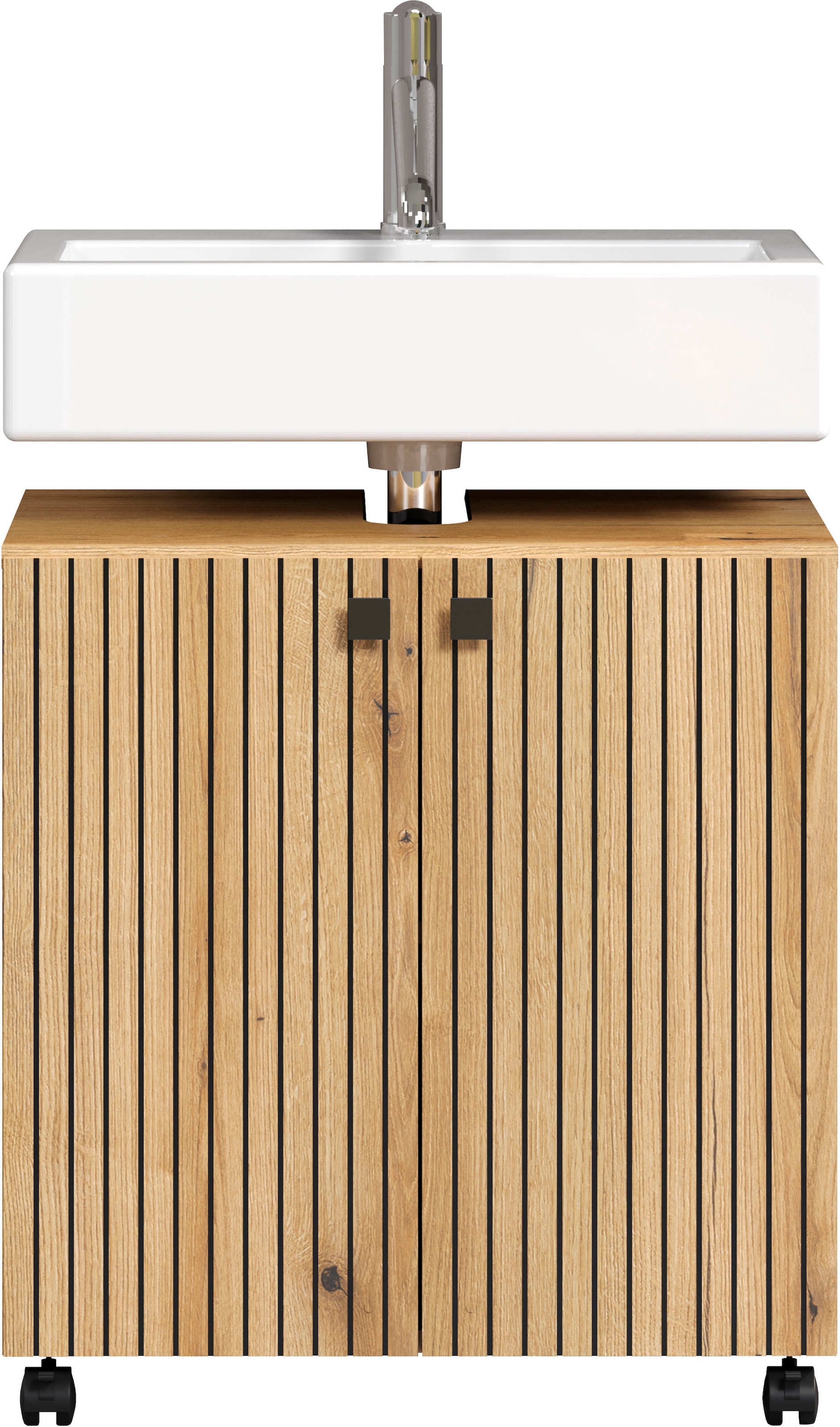 welltime Waschbeckenunterschrank »Amrum«, (1 St.), BxHxT 80 x 64 x 42cm Waschbeckenunterschrank Eiche Rillenoptik