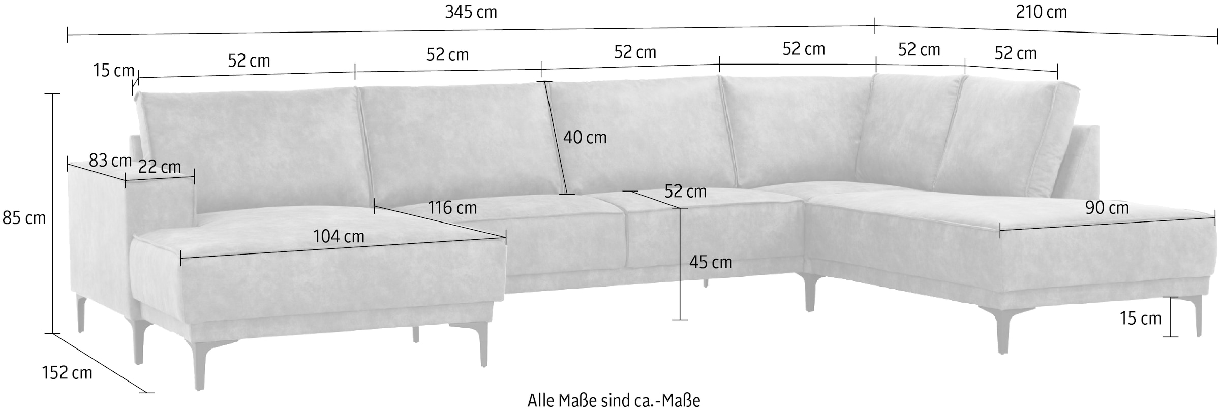 Places of Style Wohnlandschaft »XXL Sofa Oland, Struktur, Flachgewebe, Luxus-Microfaser, Boucle«, U-Form, 345 cm, Wellenunterfederung, Skandi-Design, Metallfüße