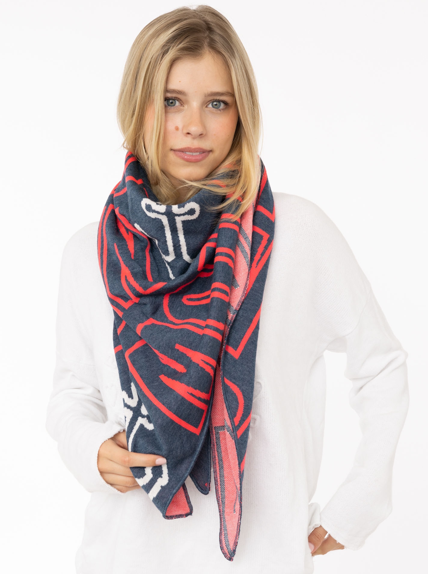 ZWILLINGSHERZ Modetuch »"Anker Moin"« Küstenfeeling, Baumwollmischung, Feinstrick, Schriftzug, maritim Jeansblau