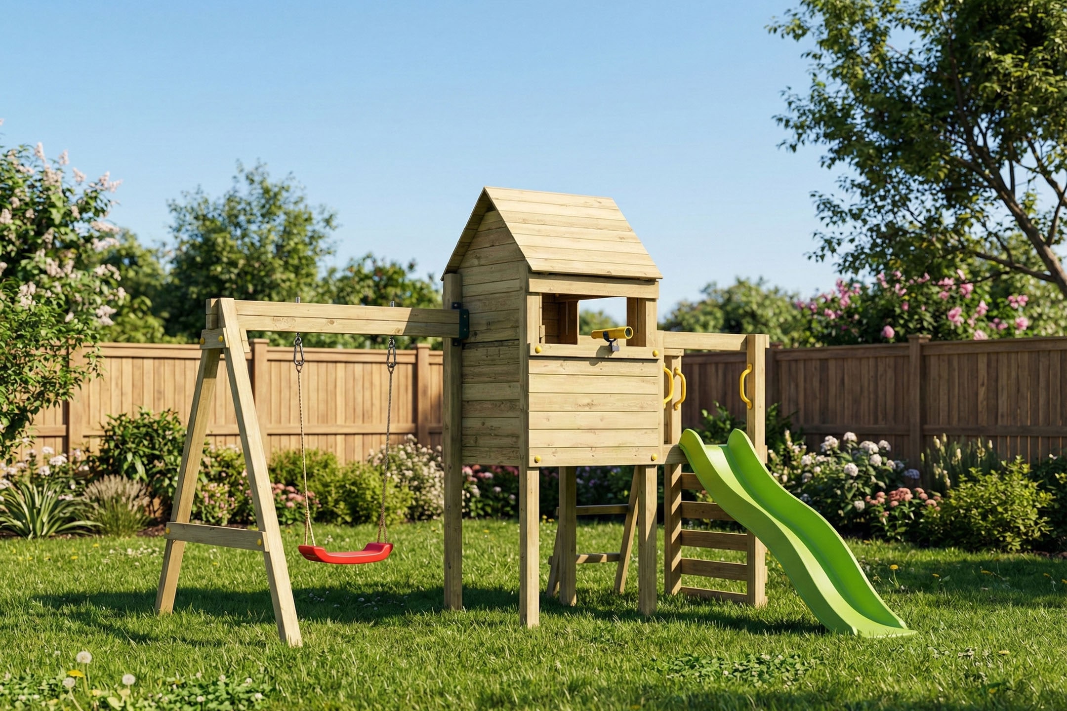 FUNGOO Spielturm »LUOMI« mit Haus, Kletterwand, Rutsche und Schaukel fur Kinder