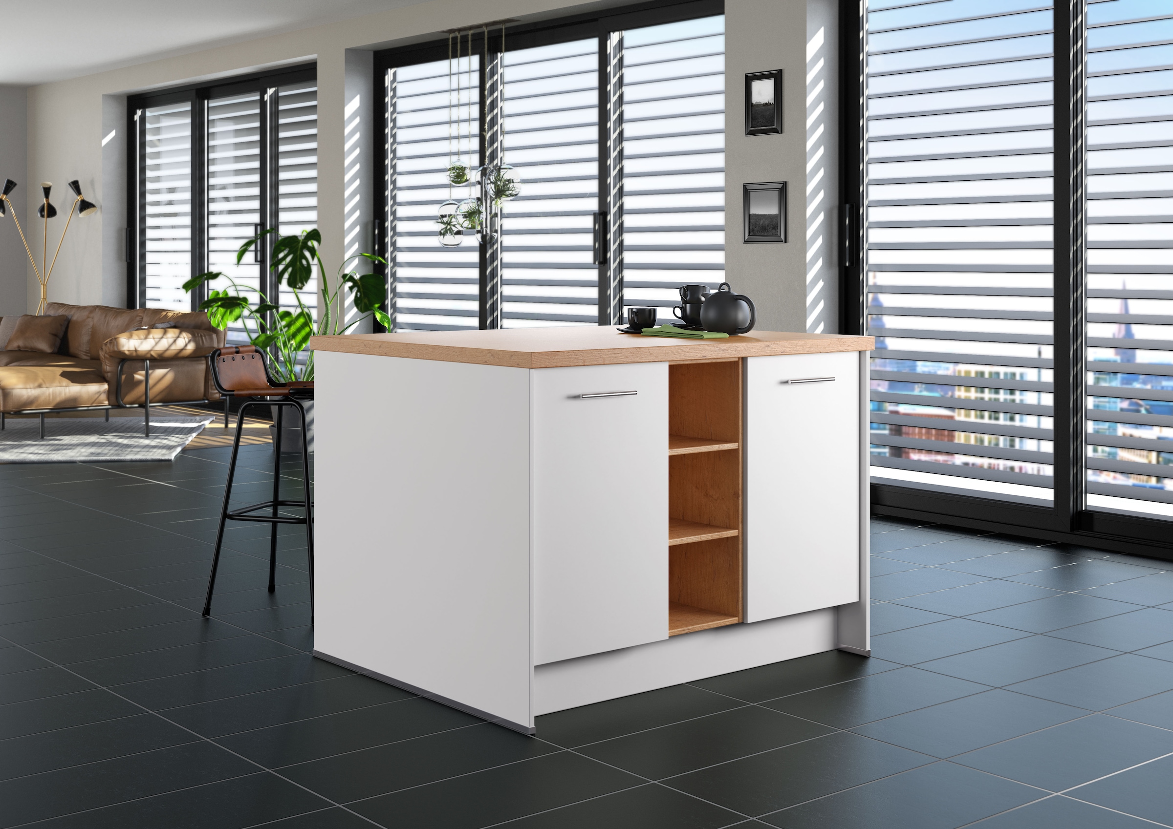 IMPULS KÜCHEN Kücheninsel »Kopenhagen, flexibel stellbar« Set,  vormontiert, mit integriertem Sitzplatz auf einer Seite, Breite 123 cm