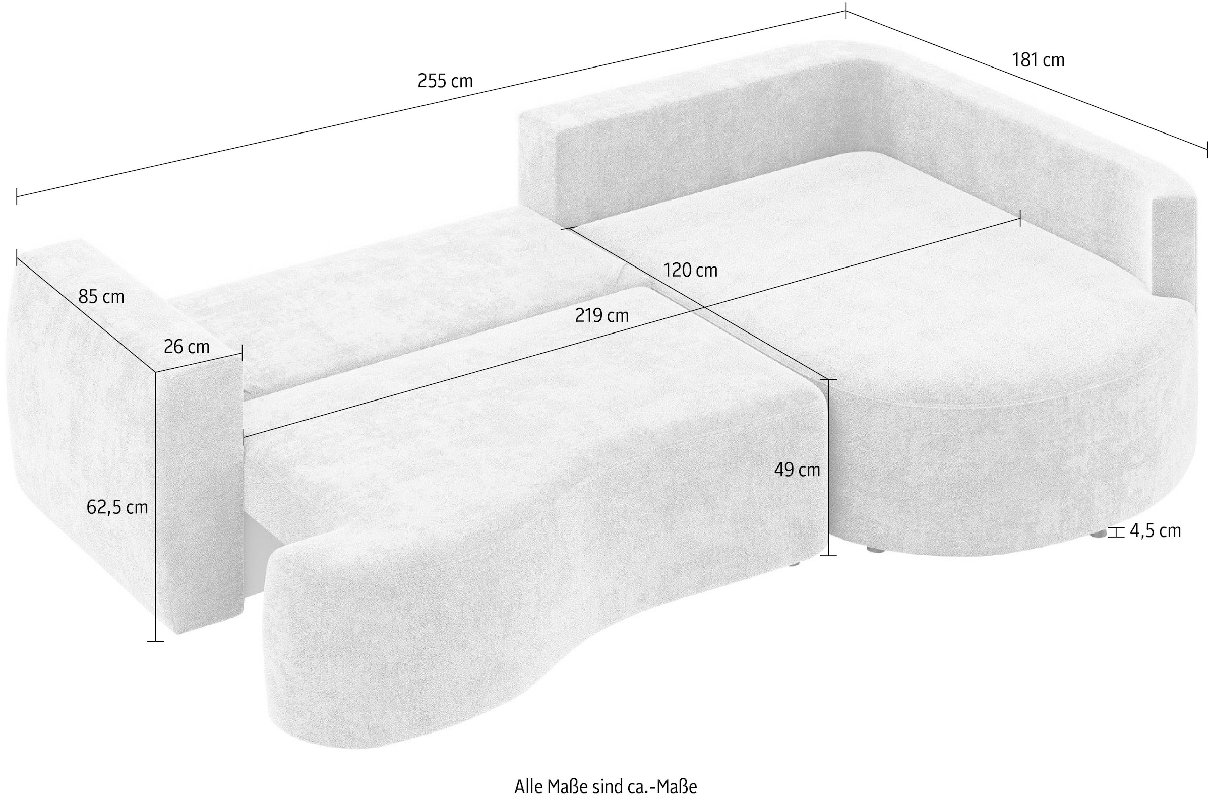 INOSIGN Ecksofa »Kahekili, Schlafsofa mit Bettkasten, Maße B/T/H: 255/181/90/ cm«, L-Form mit Wellenunterfederung, 7 Rückenkissen und 2 Zierkissen