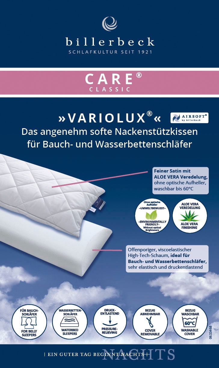 billerbeck Nackenstützkissen »Variolux«, Allergiker freundlich, Füllung: viscoelastischer High-Tech-Schaum (Polyurethan), Bezug: Satin mit Aloe Vera veredelt (100% Baumwolle), versteppt mit AIRSOFT® (100% Polyester), (1 St.)
