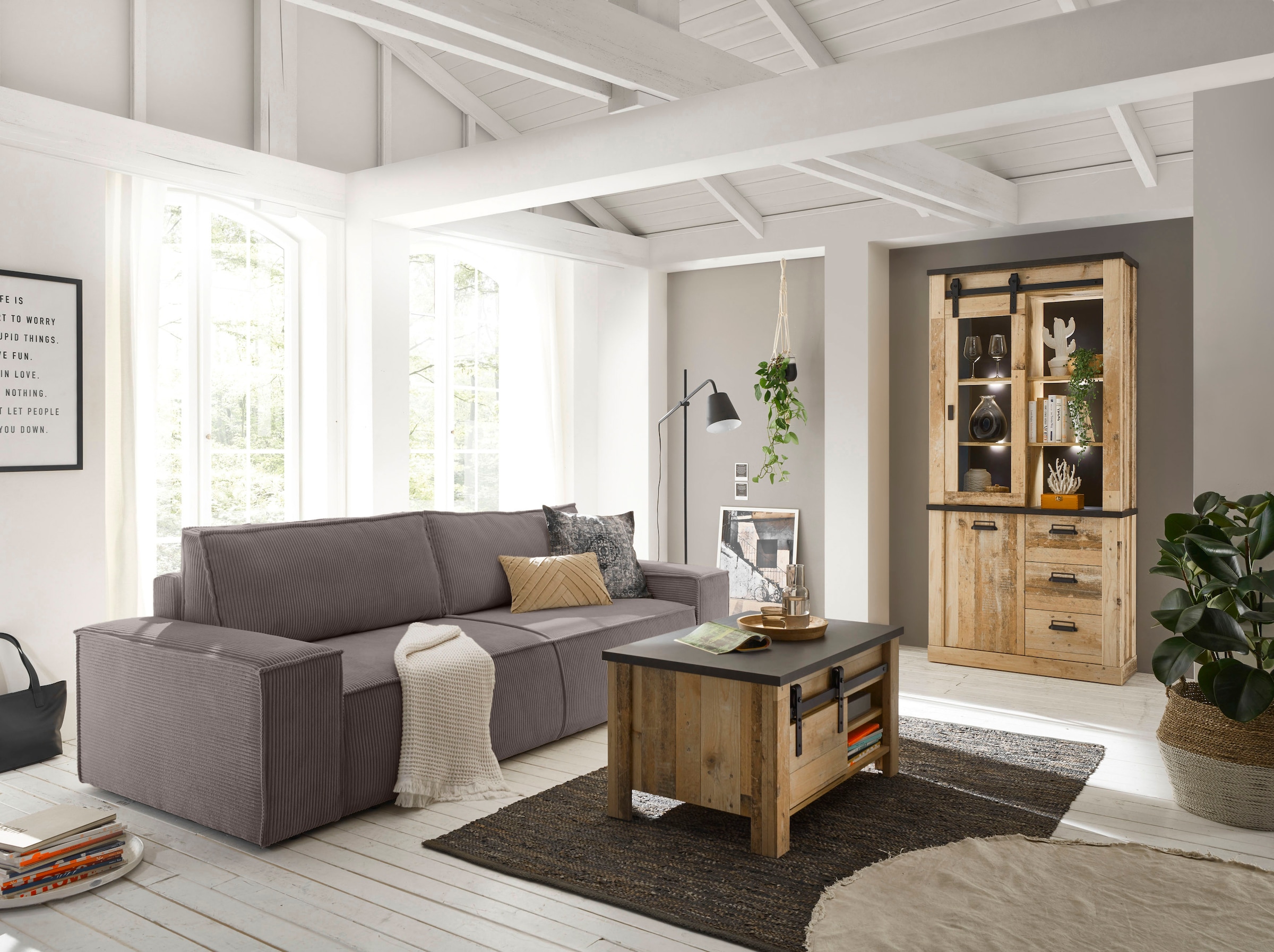 Home affaire 3-Sitzer »SHERWOOD Schlafsofa (257cm) Cord, Samtvelours, Vintage-Lederoptik«, Schlaffunktion mit Bettkasten (ca. 136/200cm)