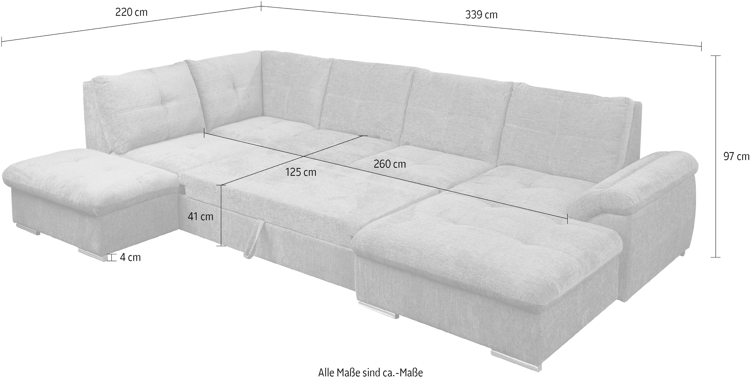 WERK2 Wohnlandschaft »Arena, B/T: 339/220 cm breit, moderner, einladender Sitzkomfort« mit Schlaffunktion und Bettkasten, U-Form