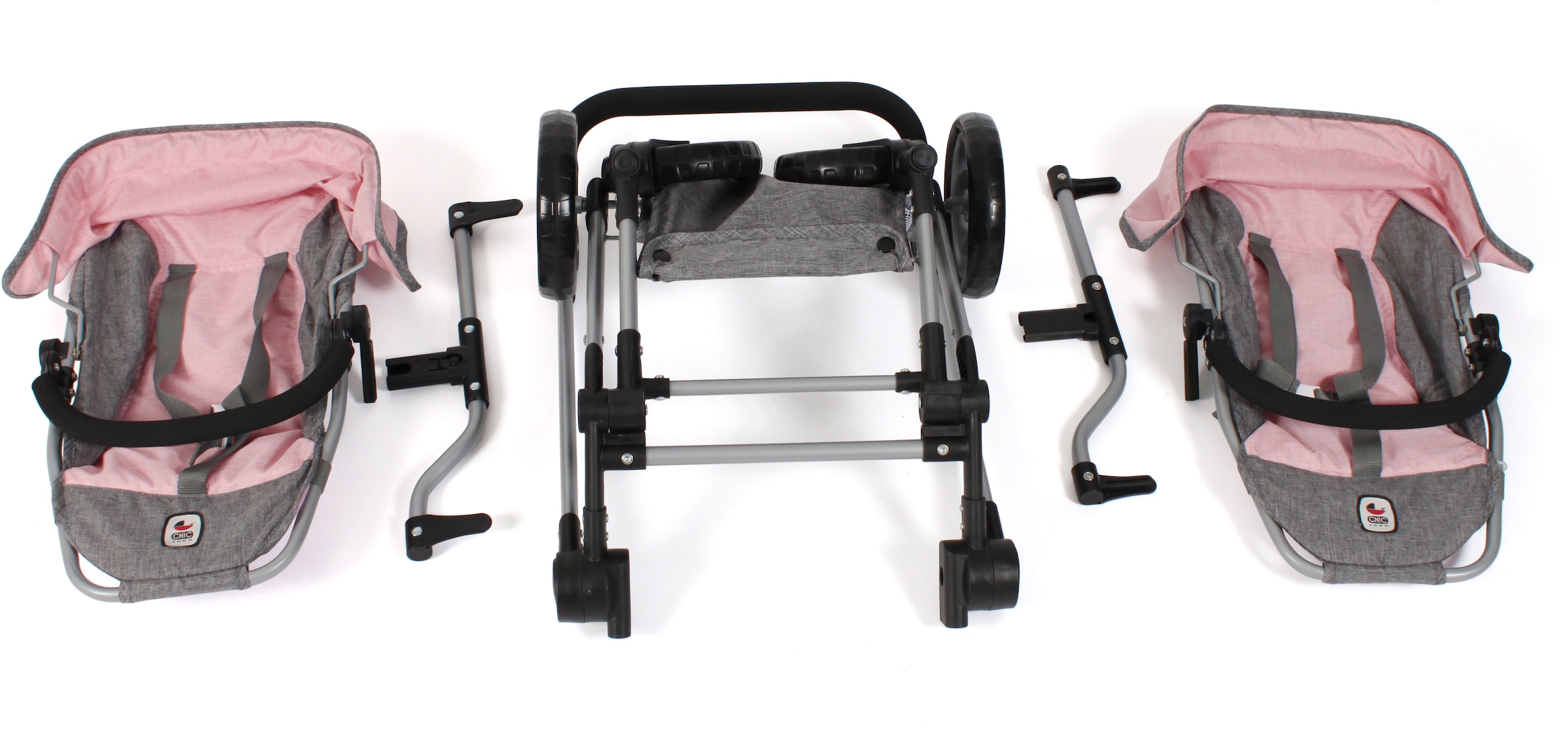 CHIC2000 Puppen-Zwillingsbuggy »Linus Duo, Grau-Rosa«, mit zwei abnehmbaren, bis in Liegeposition verstellbaren Sportsitzen