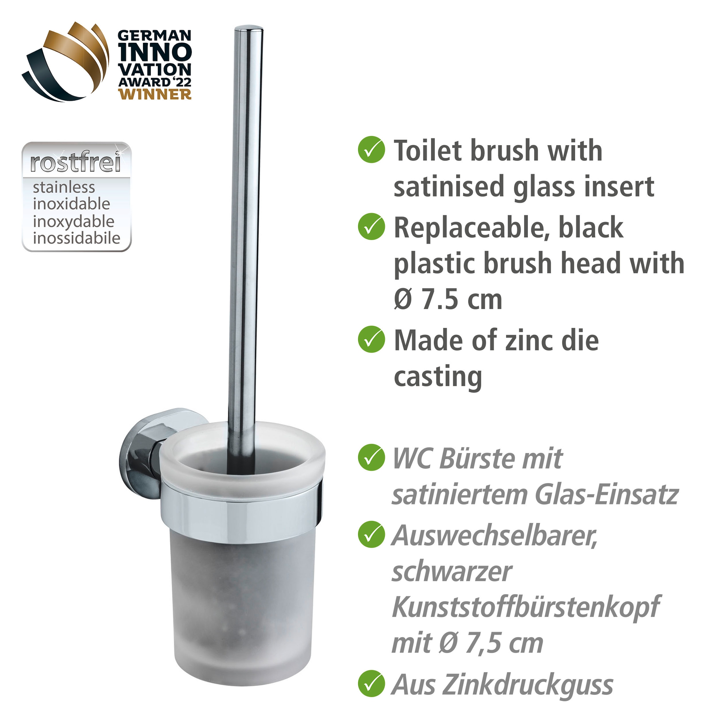WENKO WC-Garnitur »UV-Loc® Maribor«, aus Zinkdruckguss-Glas, befestigen ohne Bohren, Bürstenkopf auswechselbar