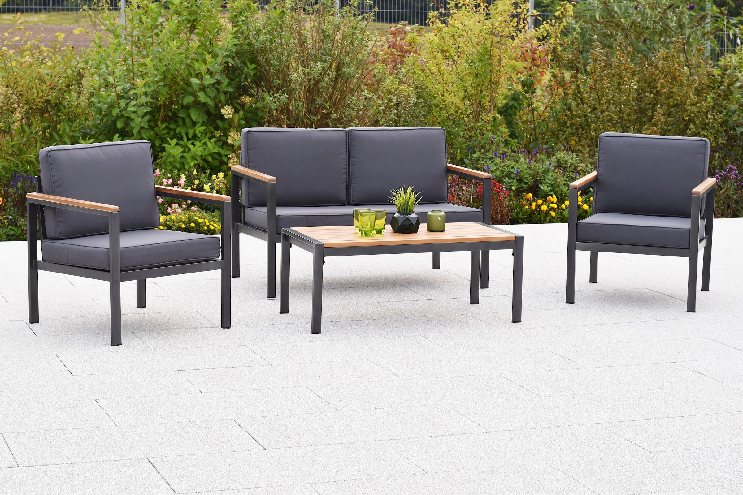 MERXX Gartenlounge-Set »»Kavos««, (Set, 10 tlg.), Tischplatte und Applikationen aus Kunststoff in Holzoptik