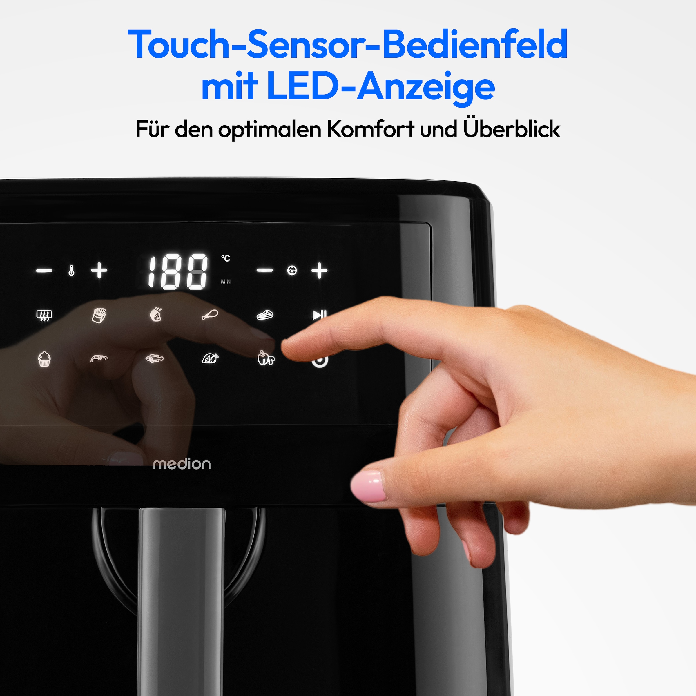 Medion® Heißluftfritteuse »P10 XL (MD 11750), 6,8 L Korbvolumen, 9 Automatikprogramme, Vorheizen«, 2000 W, Fassungsvermögen 6,8 l, Temperatur einstellbar 50 - 200 °C, ILAG Beschichtung, Timer