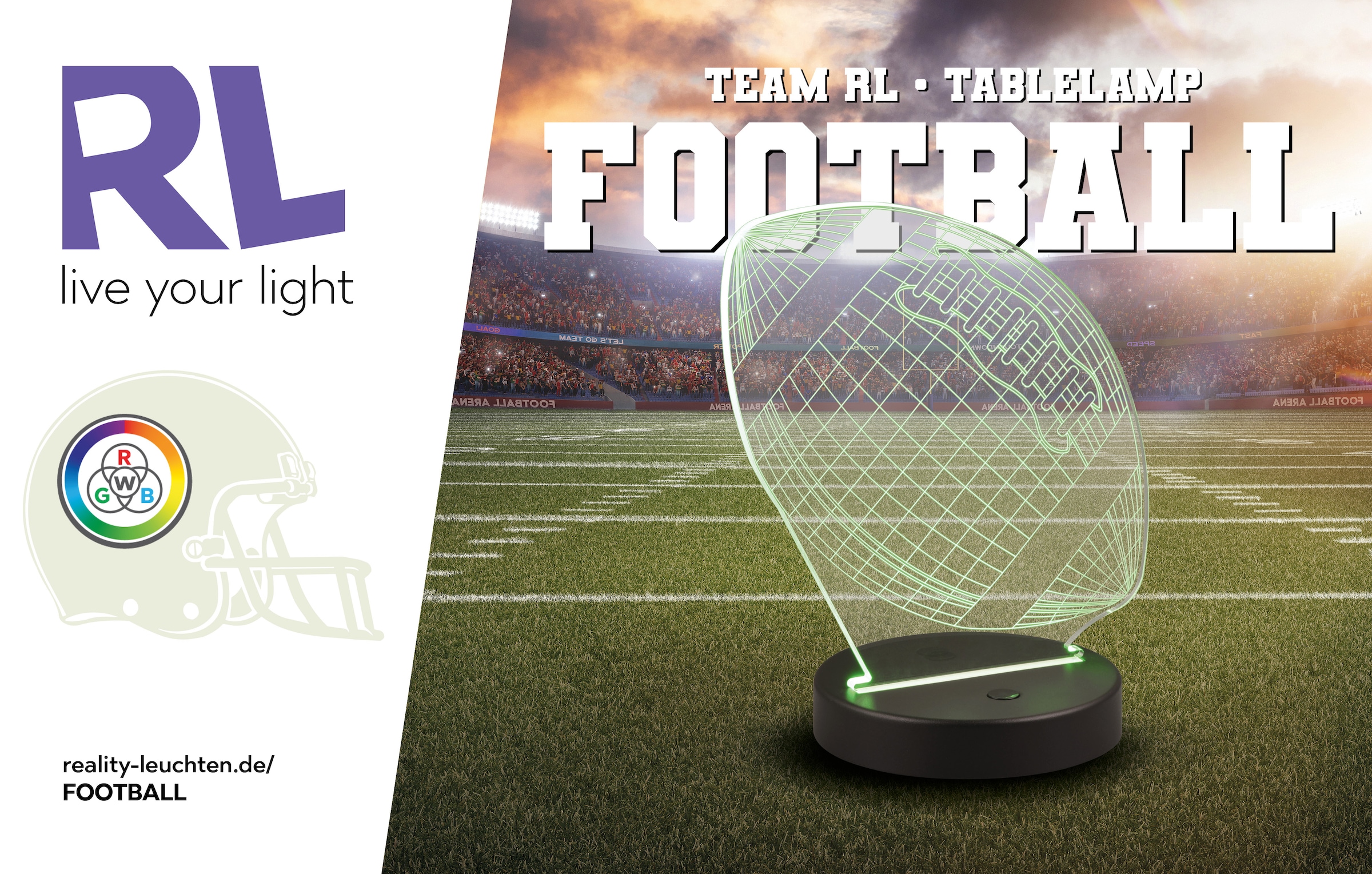 REALITY Leuchten LED Tischleuchte »FOOTBALL, Tischlampe in Football Form mit 3D-Effekt, Acryl, Höhe 22cm« LED-Board 1 Stk. RGB | Warmweiß 3,2W LED, RGB Farbwechsel Modus, 250 Lumen 3000K warmweiß, Base Ø 12cm