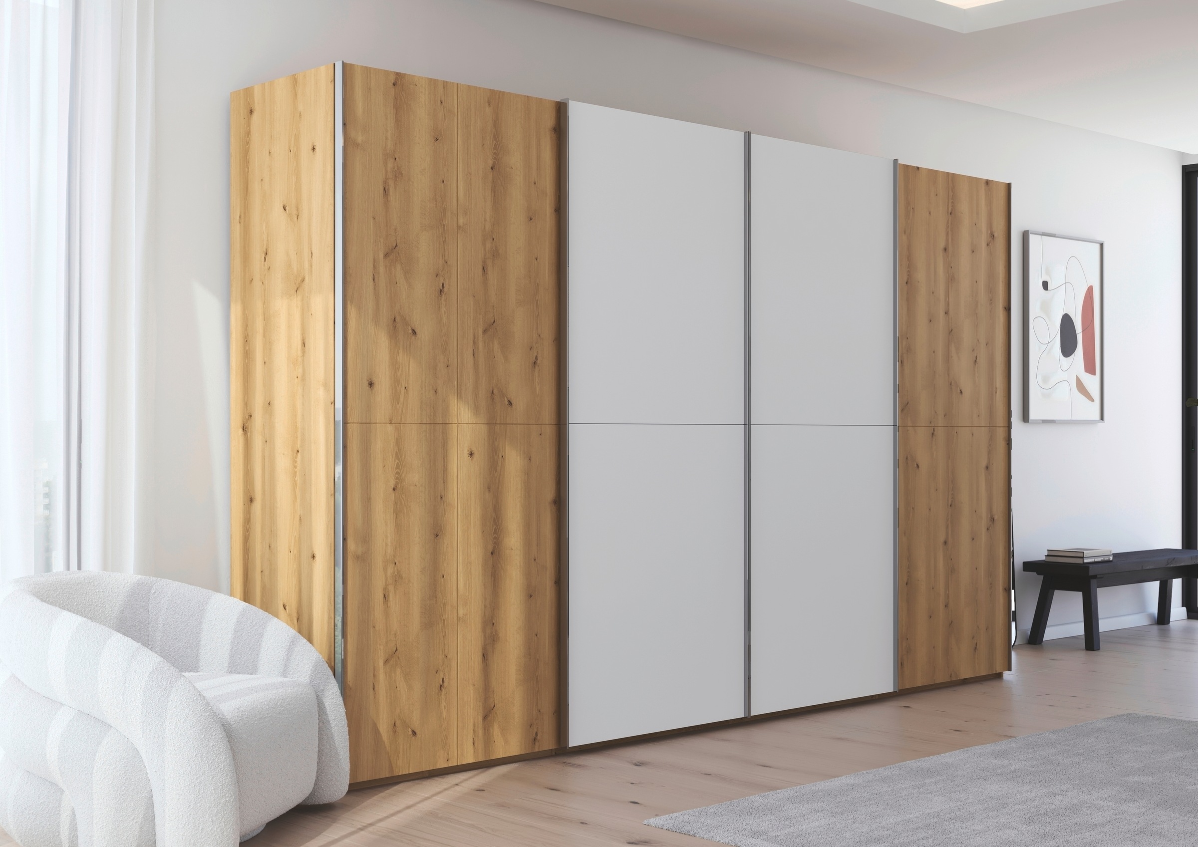 rauch Schwebetürenschrank »Kleiderschrank Schrank Garderobe Schlafzimmerschrank SCALE-WOOD«, edle geteilte Front in massiver Asteiche mit Glastüren MADE IN GERMANY
