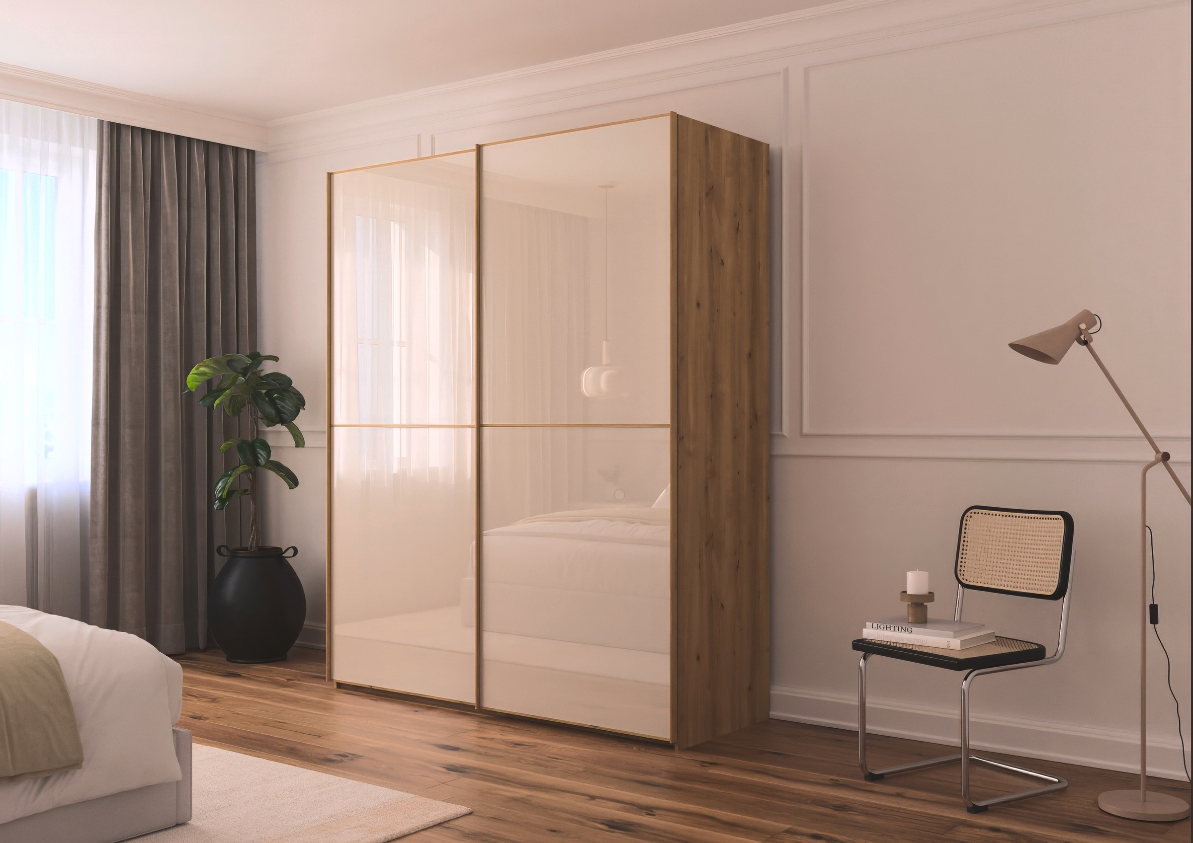 rauch Schwebetürenschrank »Kleiderschrank Schrank Garderobe Schlafzimmerschrank SCALE-DUO«, edle zweigeteilte Türen Glas-Front mit 3 Zierleisten MADE IN GERMANY