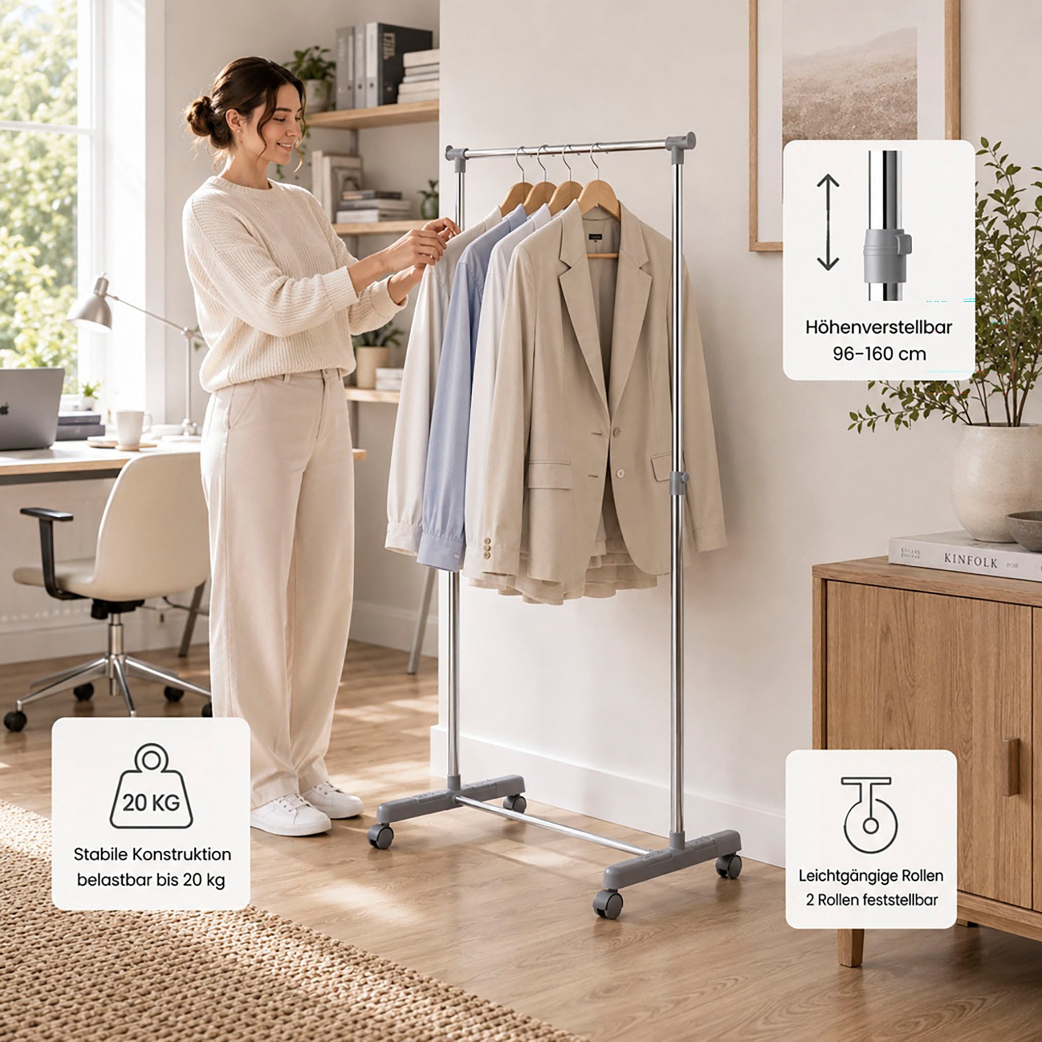 HAKU Garderobenständer »Garderobe, Garderobenständer, Kleiderständer auf Rollen, Kleiderwagen« rechteckig - aus Metall Grau - B/T/H 81/39/96-160 cm