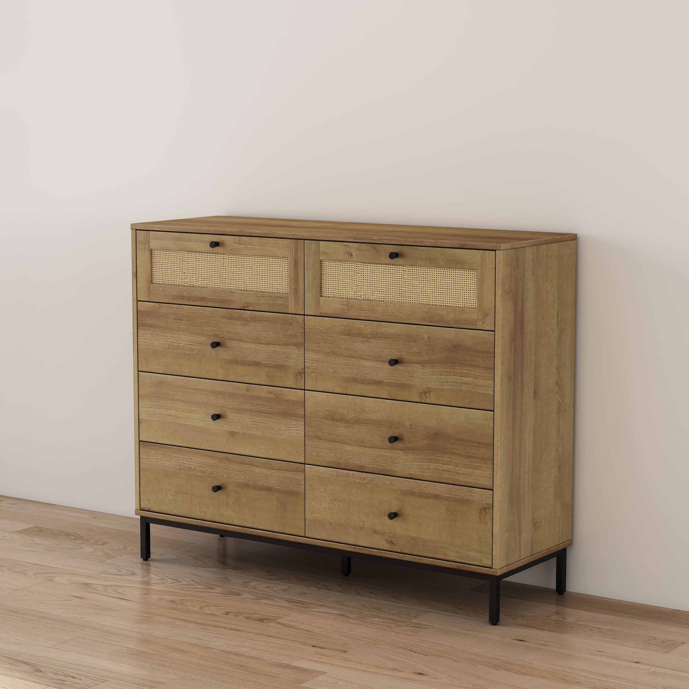 OTTO home Kombikommode »Motala Wäsche Schrank mit 8 Schubladen Sideboard BOHO Design« Eichen-Design mit schwarzen Griffen und Geflecht Schubladen, 