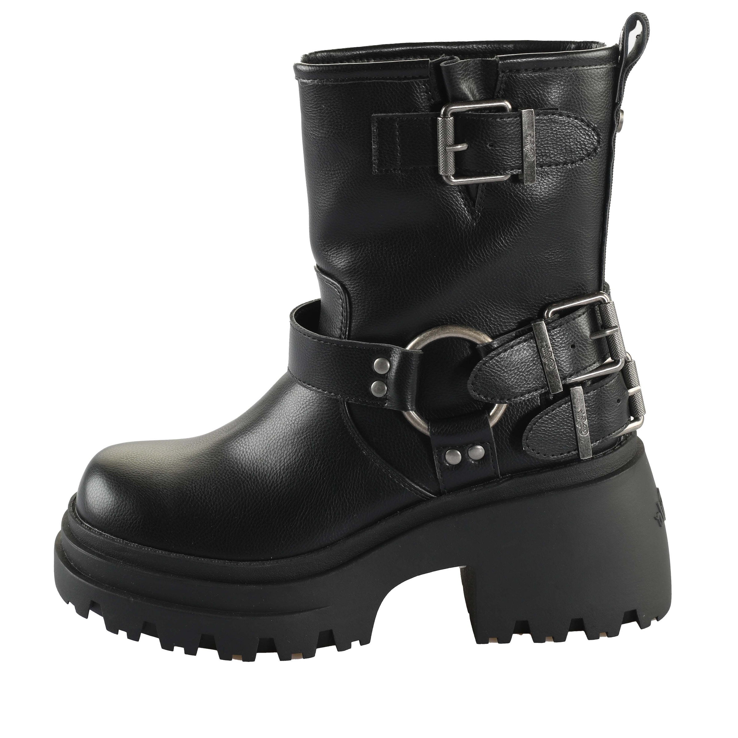 Buffalo Bikerboots »BRAVR BIKER LO«, Bikerstiefelette, Plateaustiefelette, Blockabsatz, mit Zierschnallen