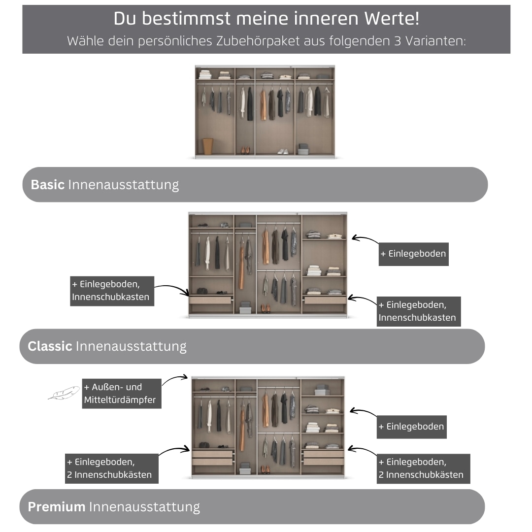 rauch Kleiderschrank »Schwebetürenschrank OTTO´s Choice Garderobe Schrank TOP ANGEBOT Avola«, (in 3 verschiedenen Ausstattungen BASIC/CLASSIC/PREMIUM inkl. Spiegel), mit eleganten Zierleisten in Chrom, Schwarz oder Weiß MADE IN GERMANY